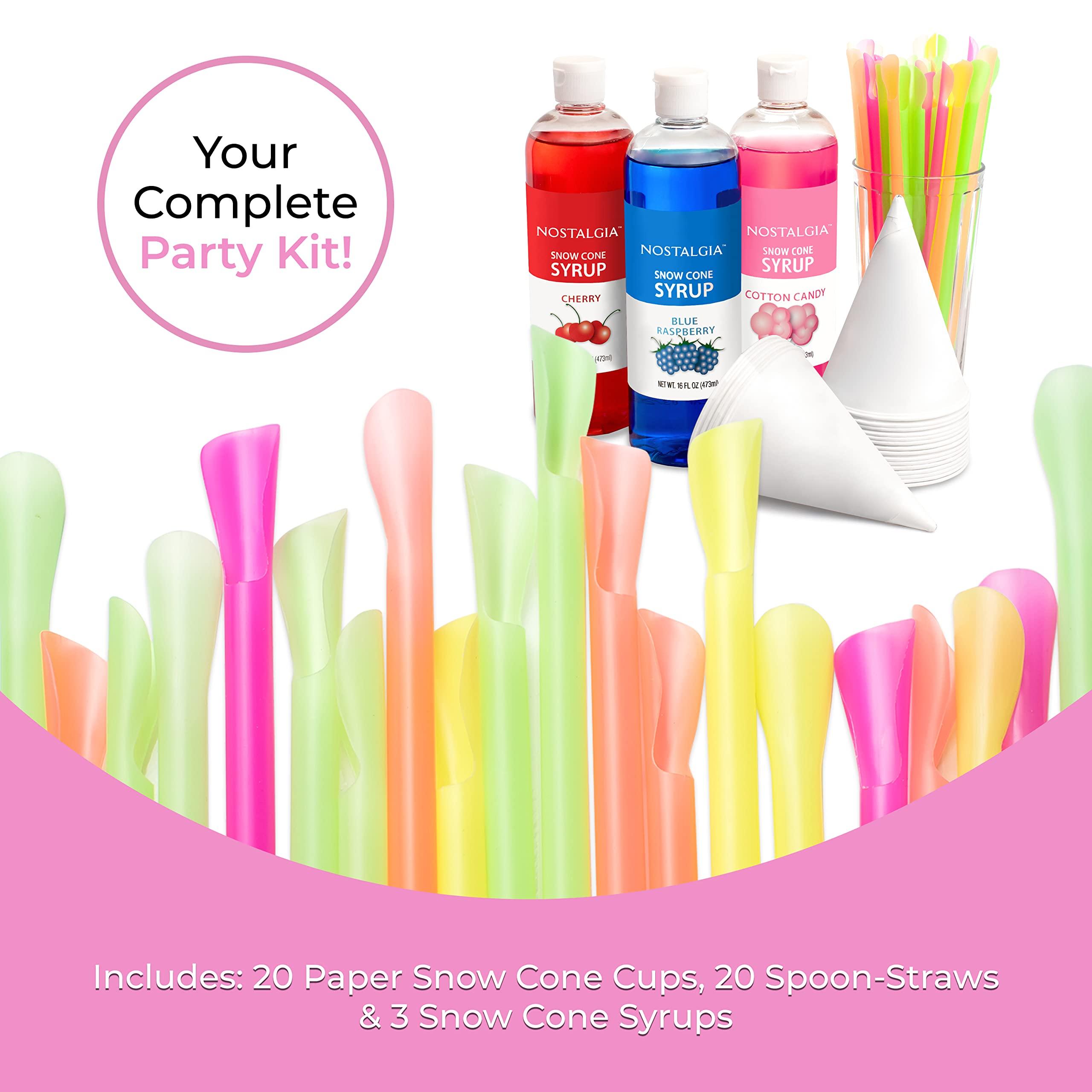 Nostalgia Nostalgia Premium Snow Cone Syrup Party Kit, 20 Snow Cones, 20 Spoons/Straws, Blue Raspberry, Cherry, Cotton Candy