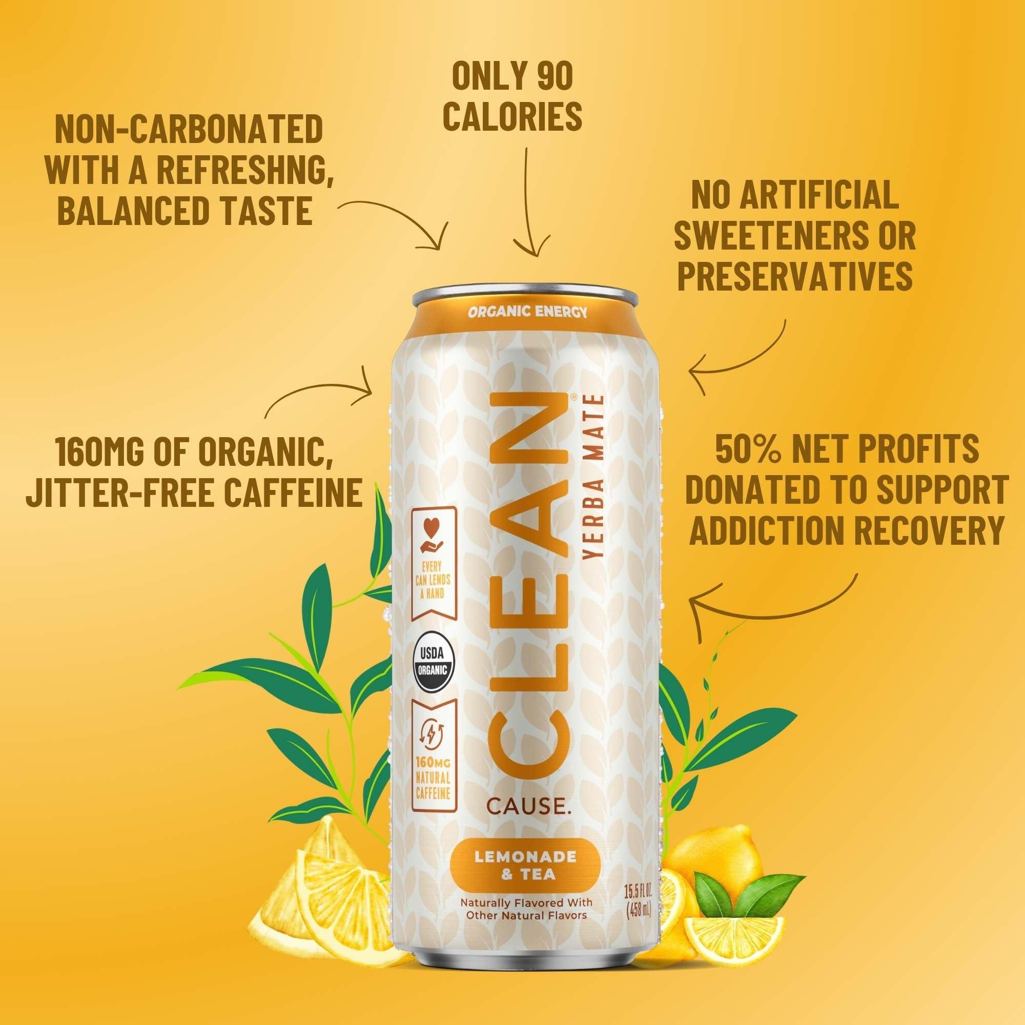 CLEAN CAUSE. NEW! CLEAN Cause Lemonade & Tea USDA Organic Yerba Mate Tea (15.5oz cans, 12-Pack Case) Non-Carbonated, 160mg Caffeine