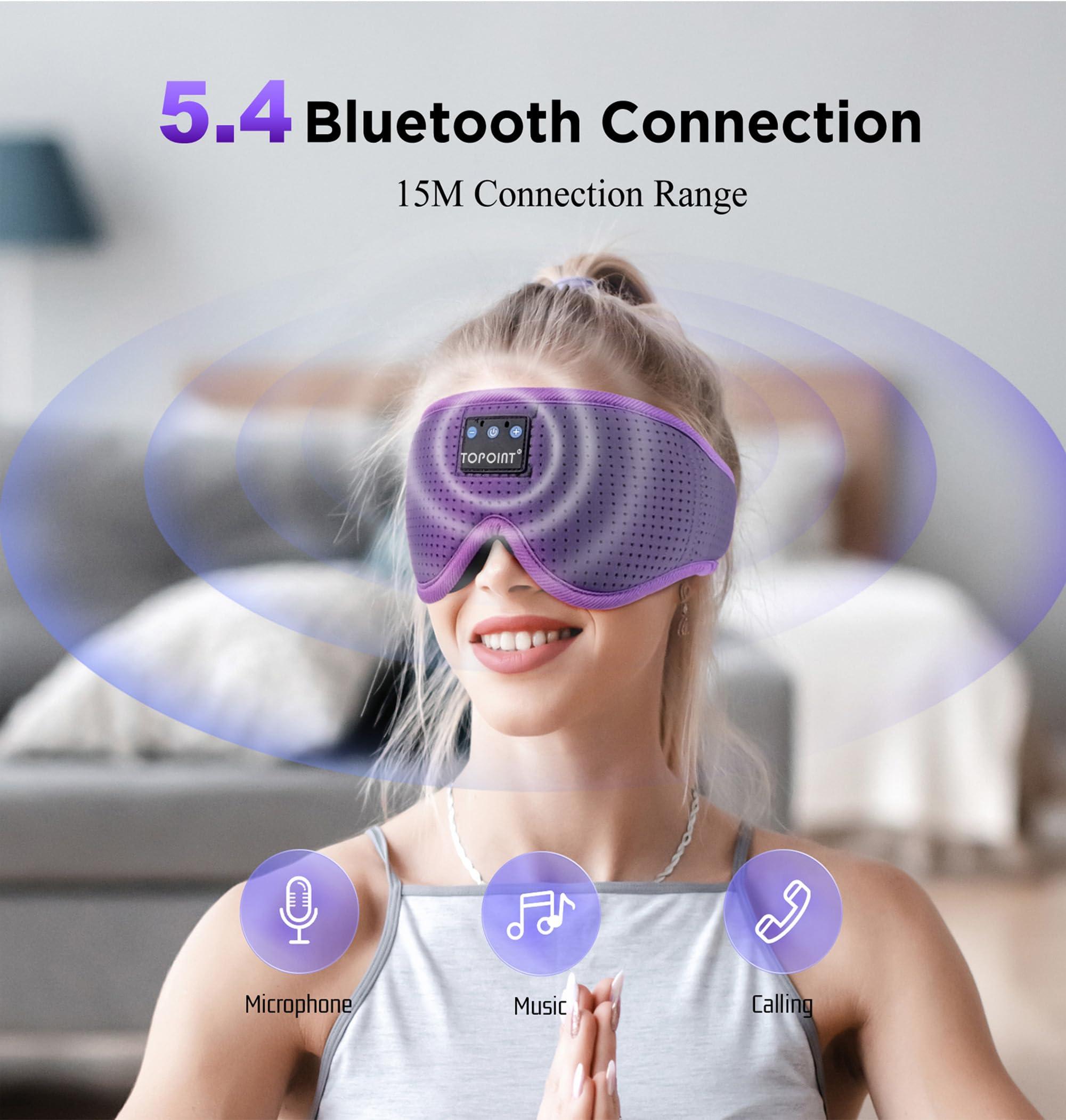 TOPOINT Sleep Mask with Bluetooth Headphones Wireless, TOPOINT 3D Eye Mask for Sleeping Headphones Women Men with Noise Canceling Earbuds, Thin Speaker, Blackout, 15 Hours for Travel, Meditation, CPAP Users