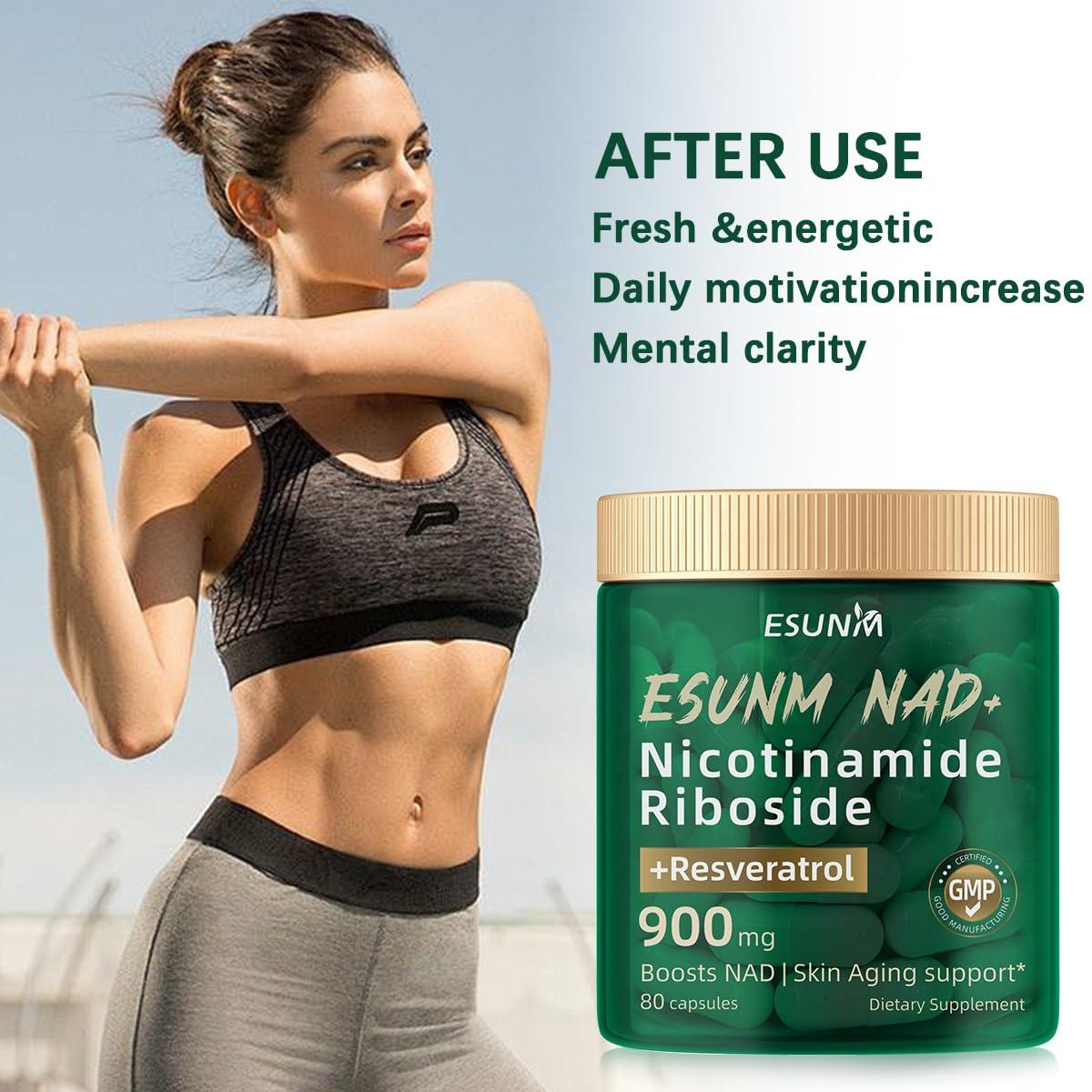 ESUNM Nicotinamide Riboside 900mg, NAD+ Supplement Resveratrol Nutritional Supplements, Supplement for Anti-Aging, Energy, Focus - 80 Capsules