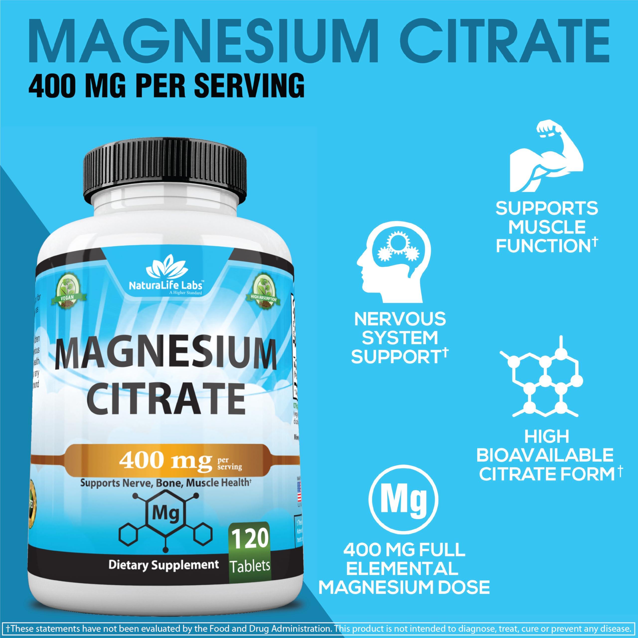 NaturaLife Labs Magnesium Citrate 400 mg - High Potency Elemental Magnesium Essential Mineral for Heart, Muscle, & Digestion Support Non-GMO - 120 Tablets