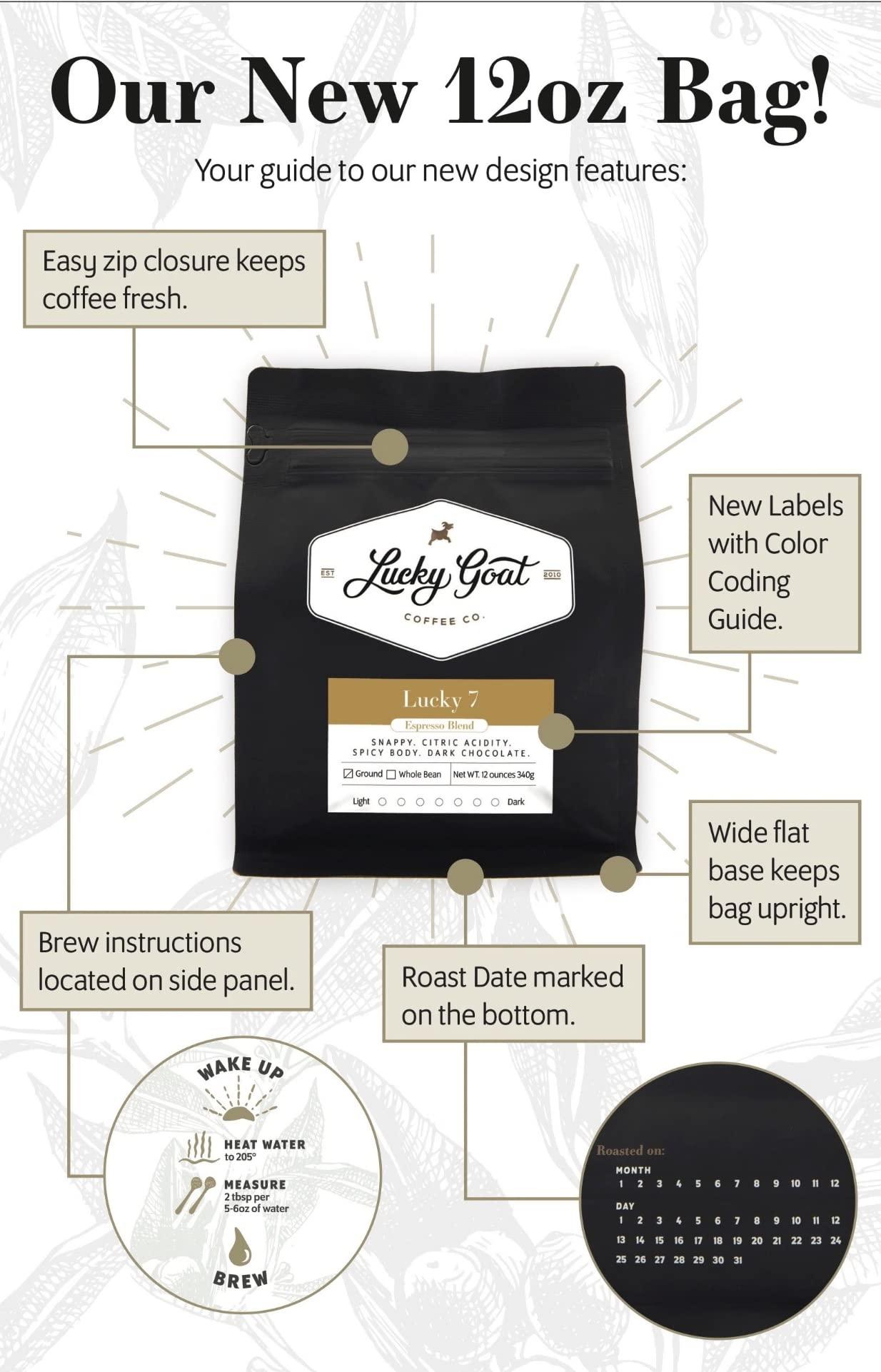 Lucky Goat Lucky Goat Espresso Blend Whole Bean Coffee – Lucky 7 – Snappy, Spicy Body, Citric Acidity, Dark Chocolate, Complex - Medium Roast, 12 Ounce Bag, 100% Arabica