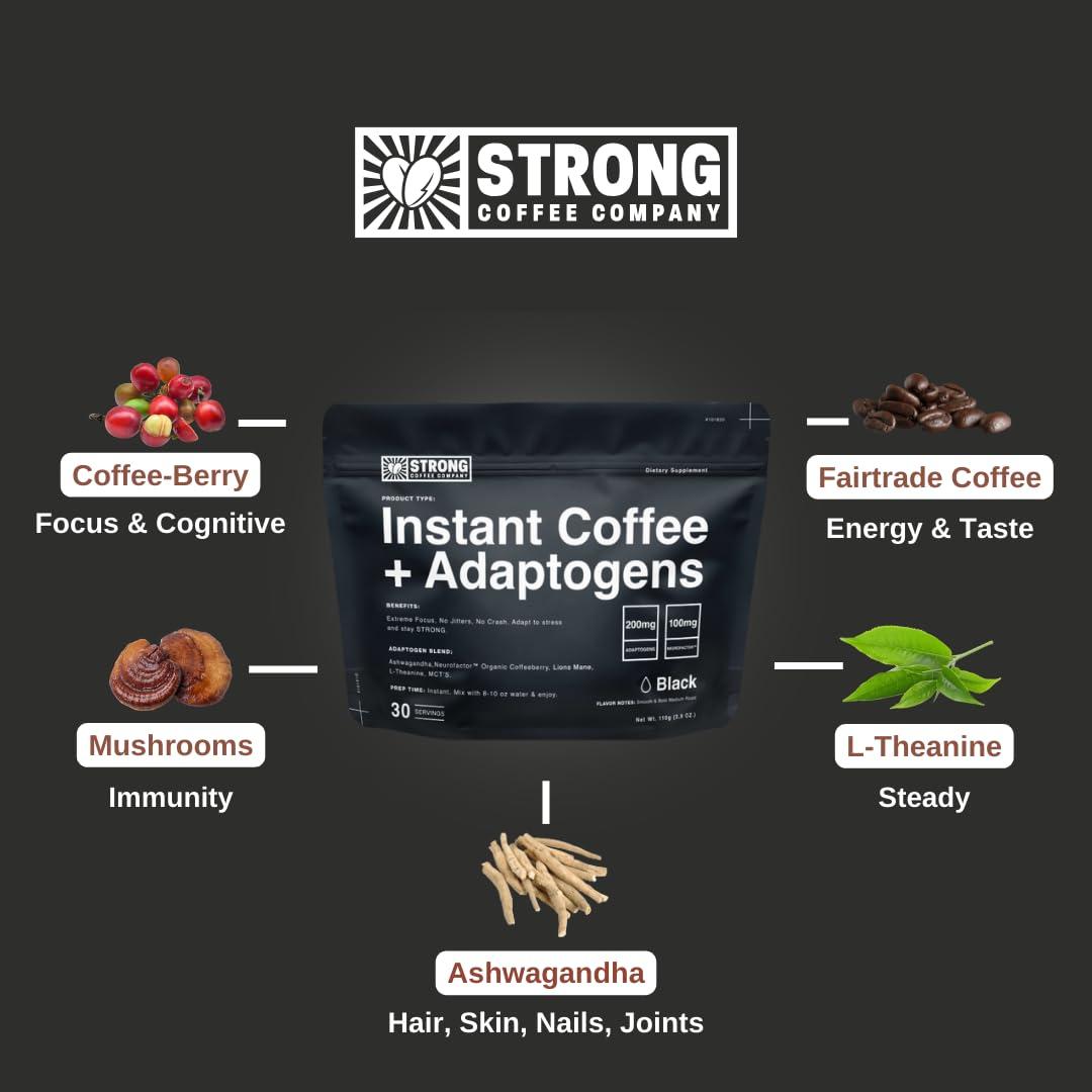 STRONG COFFEE COMPANY STRONG COFFEE COMPANY, INSTANT BLCAK COFFEE - 30 Servings, Extreme Focus, Adaptogen Coffee, No Jitters, No Crash