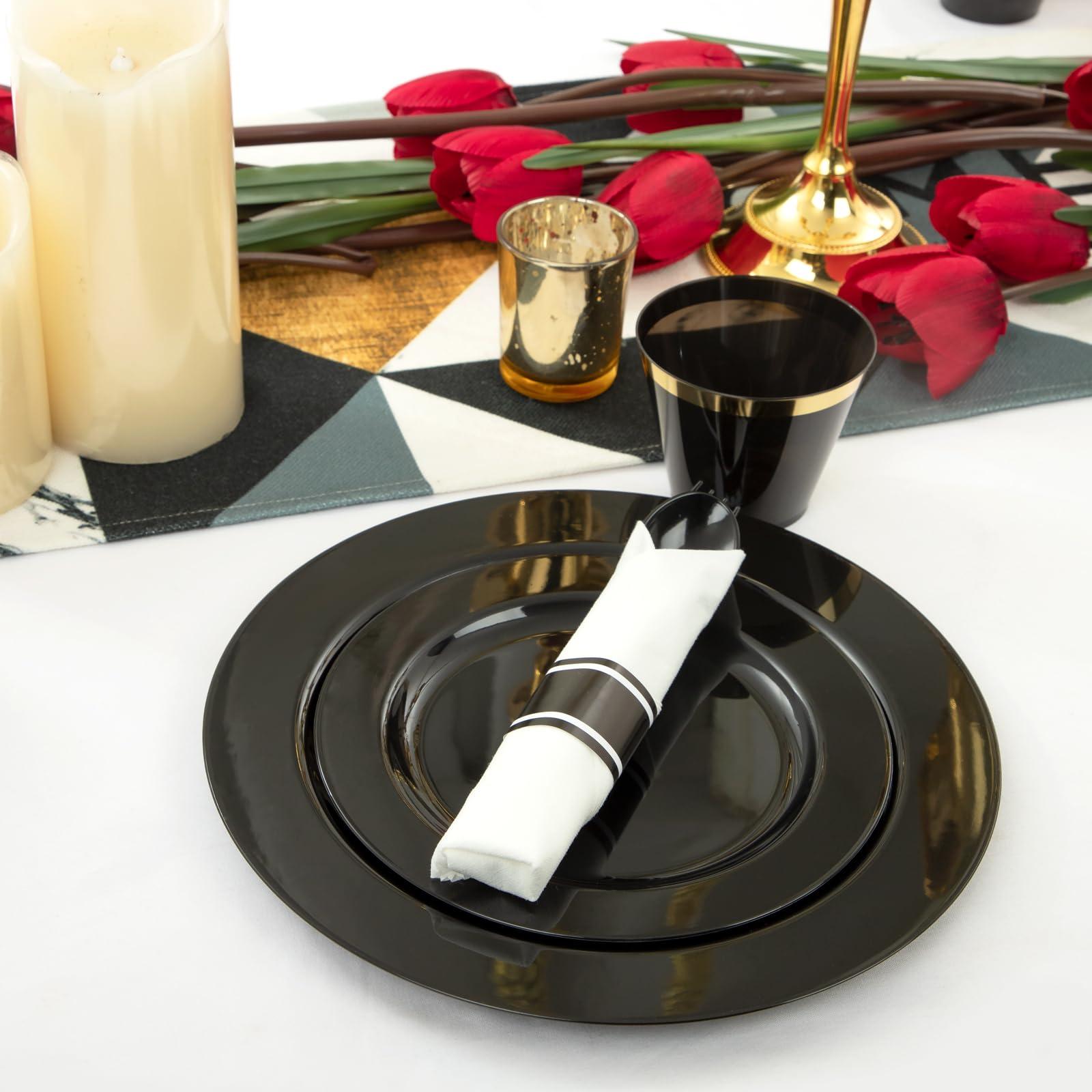 ejonirinjonir EI 350pcs Black Plastic Plates,Black Plastic Dinnerware,Pre Rolled Plastic Silverware Black,Black and Gold Cups, Black Cups and Plates for Party Suit for Halloween, Thanksgiving, Christmas