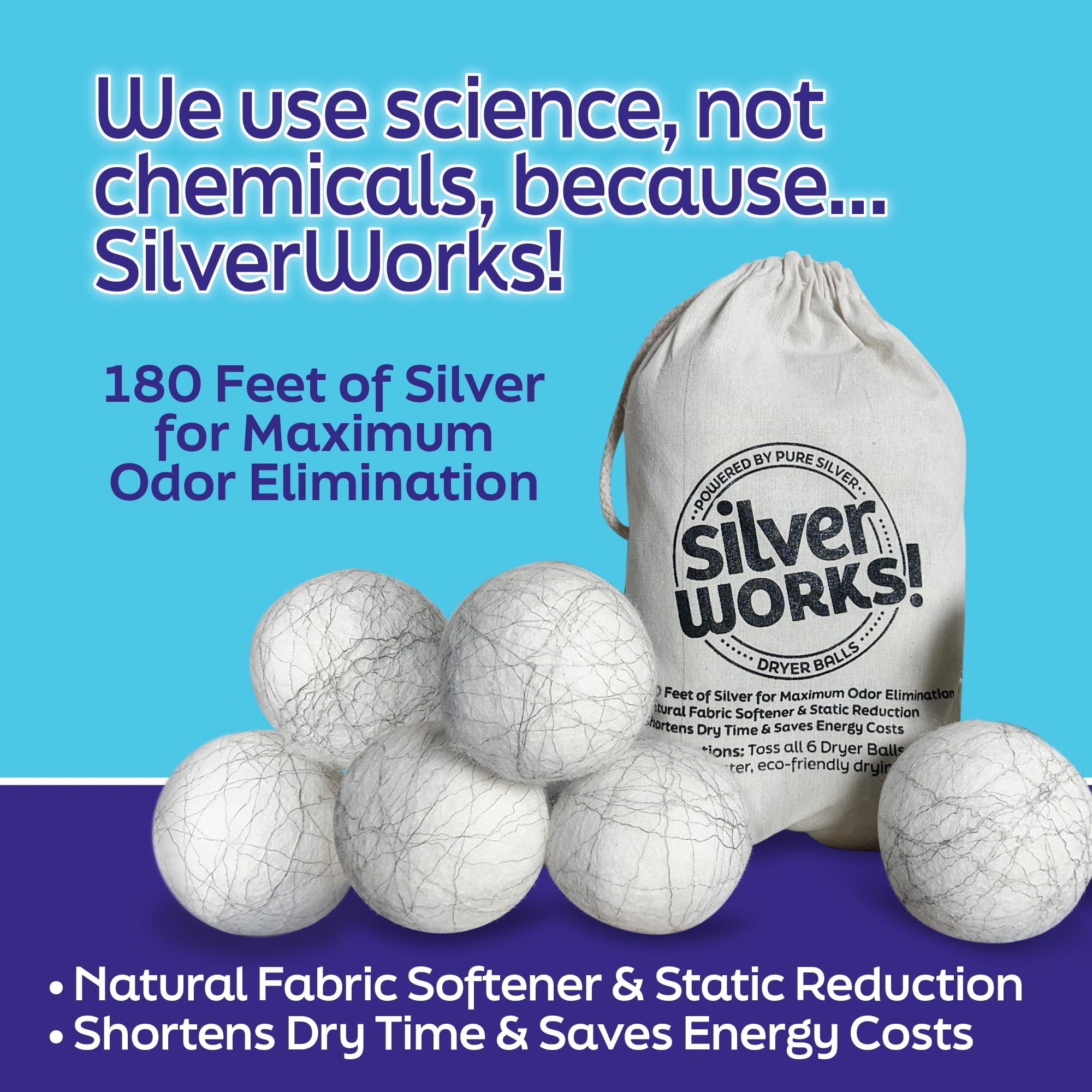 SilverWorks! SilverWorks! Wool Dryer Balls Laundry Reusable - Odor Eliminating Dryer Laundry Balls with Silver Technology - Natural Fabric Softener and Static Reducer, Reduce Drying Time and Energy Costs - 6 Pack
