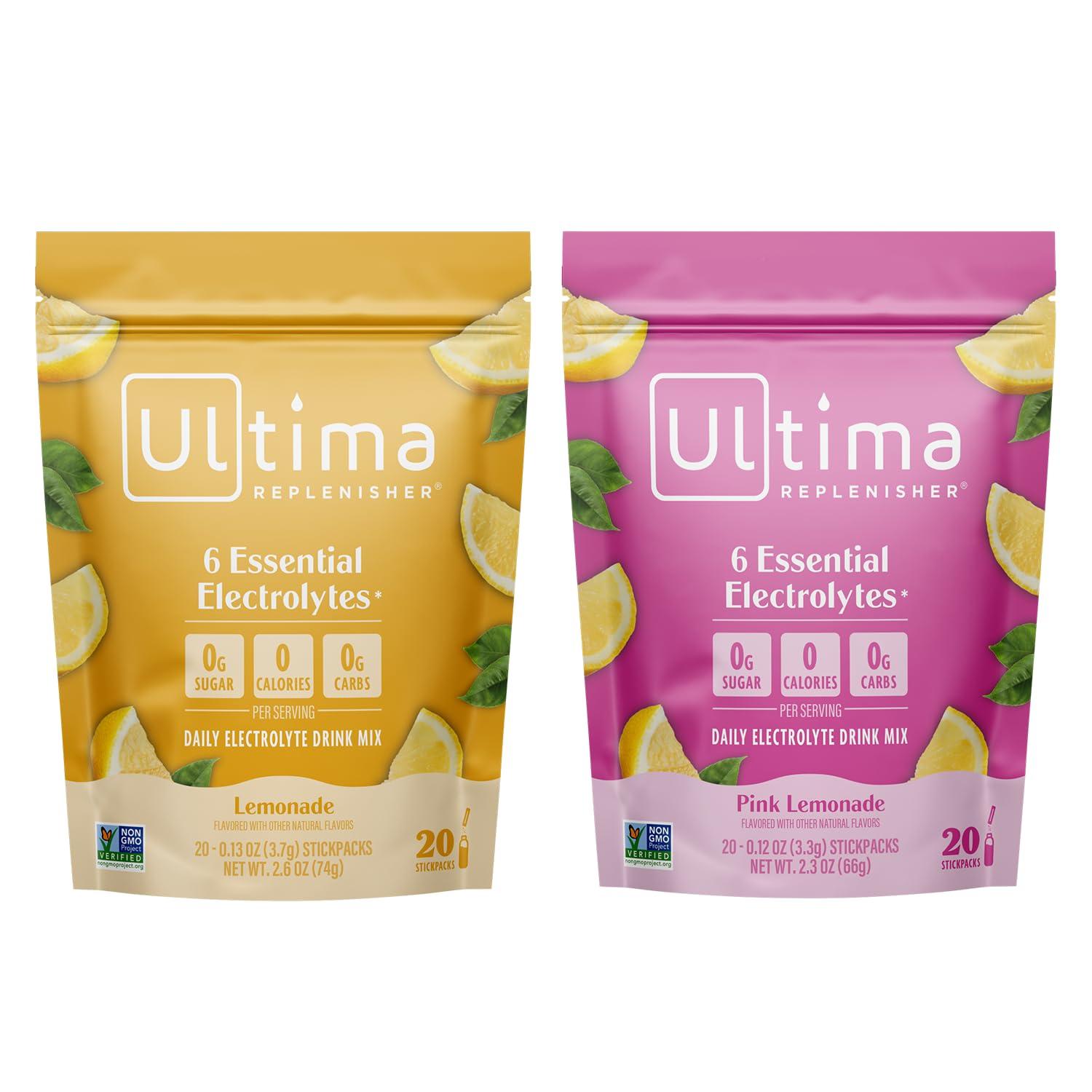 Ultima Replenisher Ultima Replenisher Electrolyte Powder Drink Mix Bundle  Lemonade and Pink Lemonade, 20 Stickpacks  6 Electrolytes and Minerals  Keto Friendly, Vegan, Non-GMO and Sugar-Free