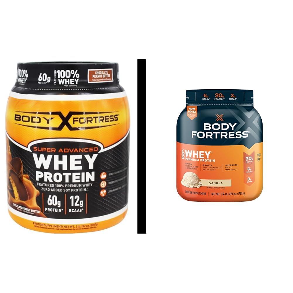 Body Fortress Body Fortress 100% Whey, Premium Protein Powder, Chocolate Peanut Butter, 1.78lbs (Packaging May Vary) & 100% Whey, Premium Protein Powder, Vanilla, 1.74lbs (Packaging May Vary)