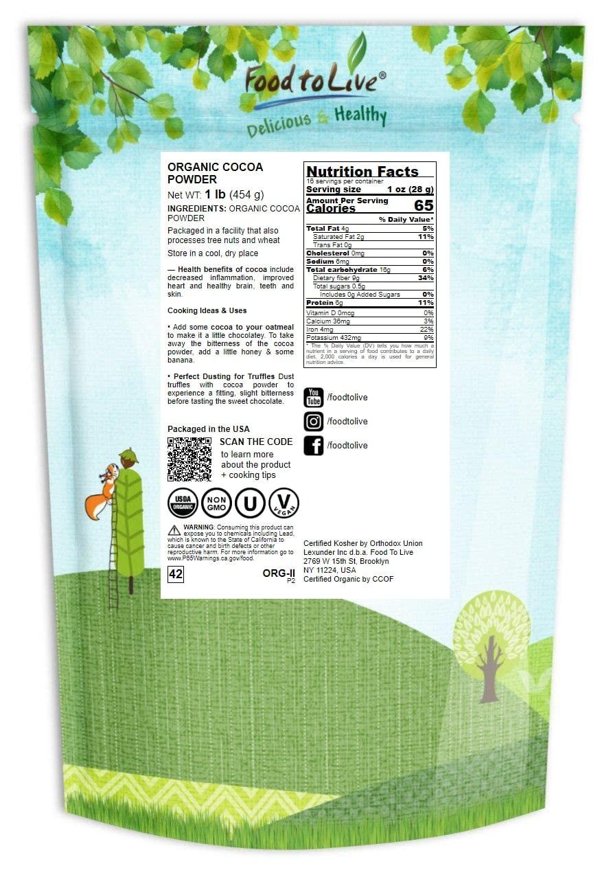 Food to Live Food to Live Organic Cocoa Powder, 1 Pound Natural, Unsweetened, Non-Dutched, Non-GMO, Kosher, Sirtfood, Bulk