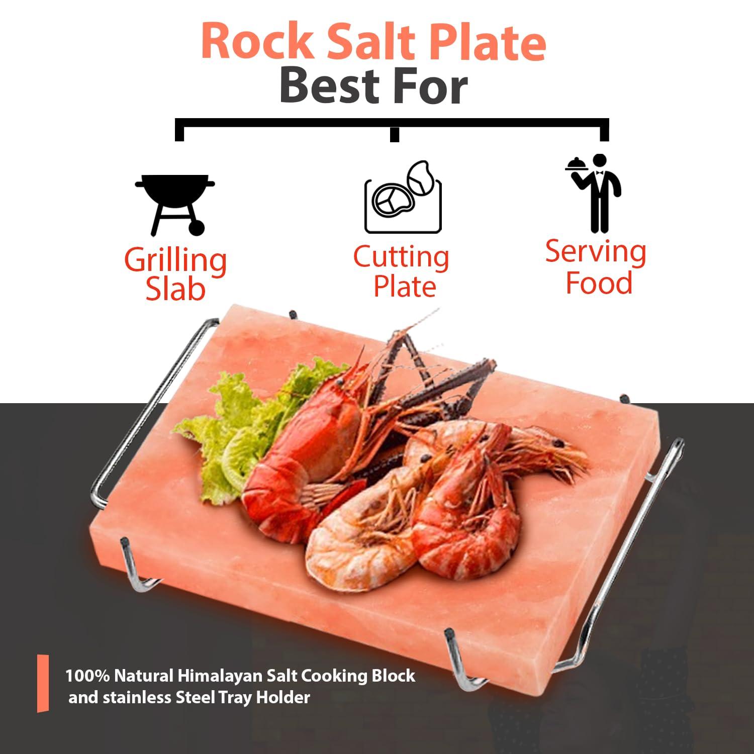 ZKTRADING ZK Himalayan Salt Block with Steel Tray for Grilling- Cooking, Cutting, and Serving, 12x8x1.5, Food Grade Rock Salt Plate, Salt Slab a Unique Gift for Men, Women, Chefs & Cooks