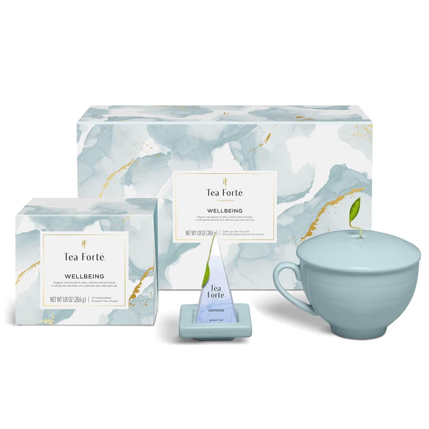 Tea Forte Tea Forte Wellbeing Gift Set, Tea Gift Box w Cafe Tea Cup, Tea Tray & Sampler of 10 Tea Pyramid Infusers
