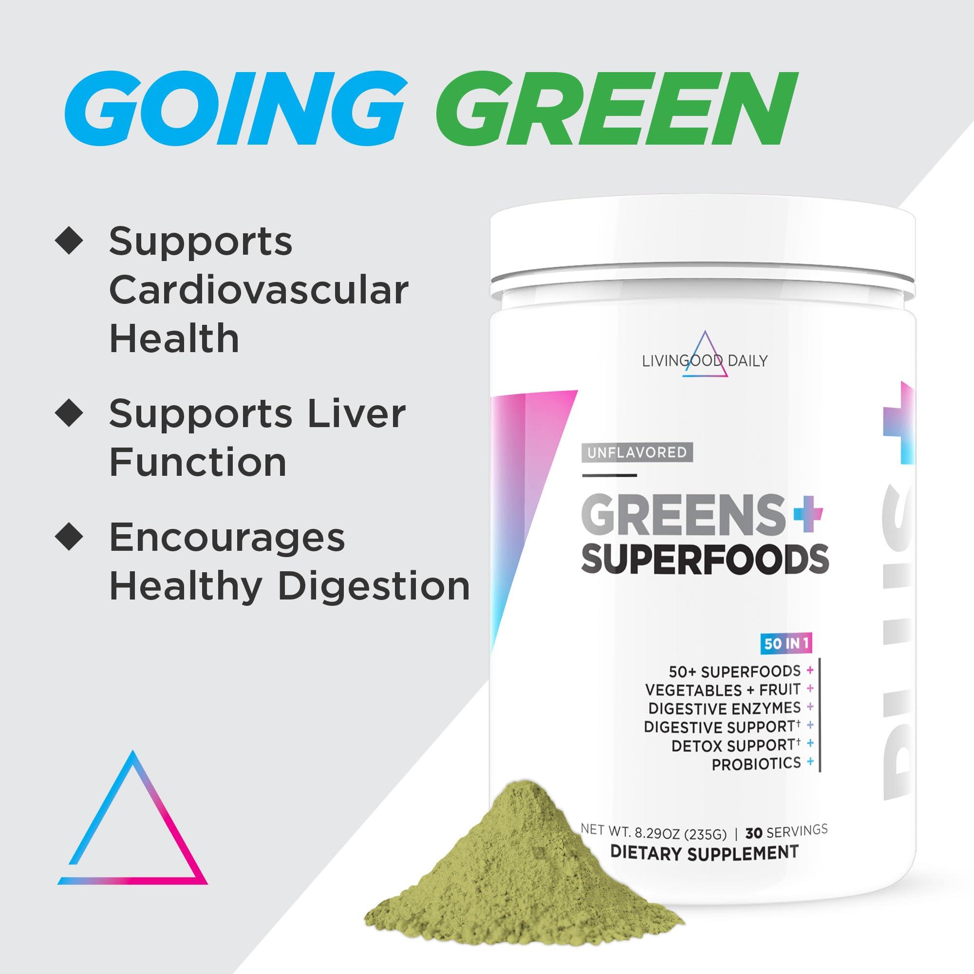 Livingood Daily Livingood Daily Greens Superfood Powder (Unflavored) - Super Greens Powder for Gut Health - Green Juice Powder Supplement with Spirulina, Chlorella, Enzymes, & Probiotics for Liver & Digestive Support