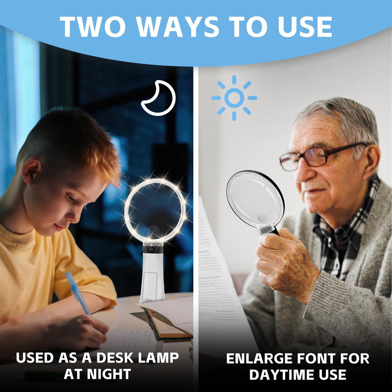 HQGZQL 30X 10X Large Magnifying Glass with Light and Stand Lighted Magnifying Glass with 12 LEDs 3 Adjustable Light Mode Handheld Magnifier for Low Vision Seniors Small Prints Reading Coins (Dark Black)