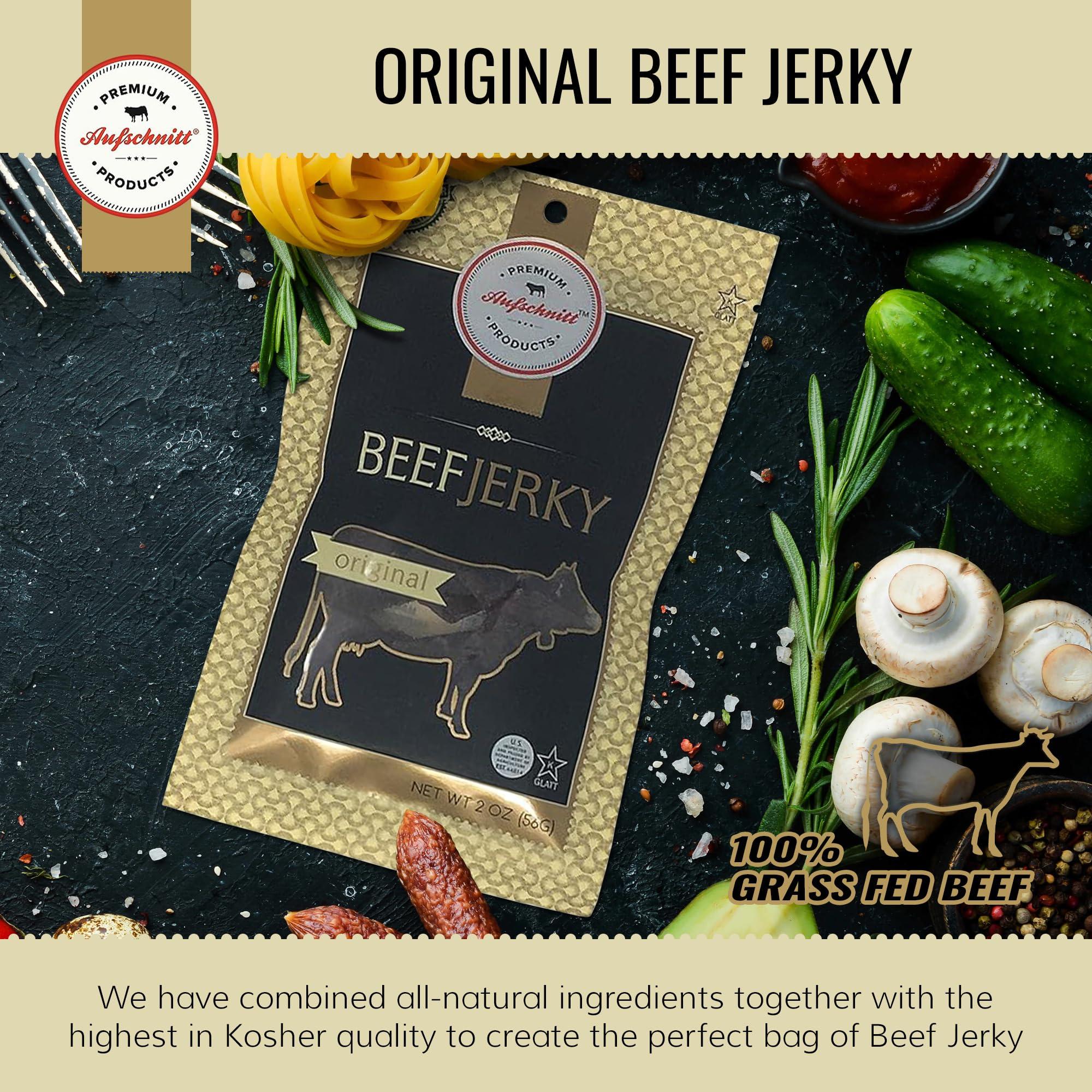 Premium Aufschnitt Products Aufschnitt Grass Fed Beef Jerky - Low Sodium, Certified Kosher - Made in USA - Keto & Halal Friendly - 24 Pack, Original