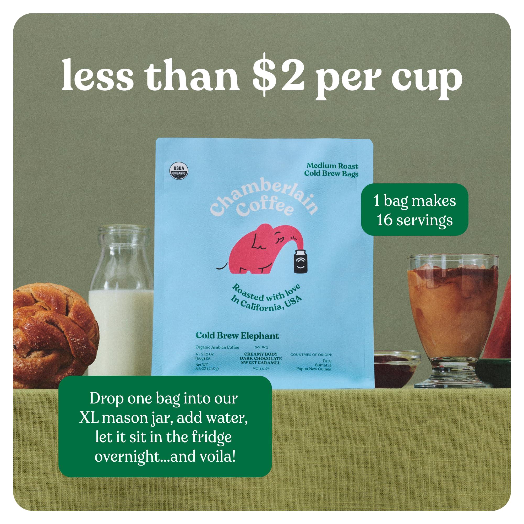 Chamberlain Coffee Chamberlain Coffee Elephant Cold Brew Bags - XL Cold Brew Bags - Premeasured, Ready to Brew, Cold Brew Coffee Packs - Contains 4 XL Cold Brew Bags, Makes 4 Cups of Coffee Per Bag