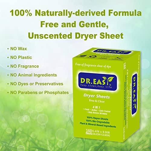 DR. EASY Dr.Easy Dryer Sheets Free & Clear Plant Based all ingredients for Sensitive Skin 320 Ct 100% Rayon Fabric Softener sheet unscented & no dyes Reduce Static & Wrinkles Soften Clothes Help Repel Pet Hair
