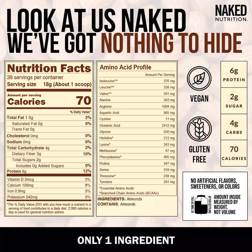 NAKED NAKED Almond Protein Powder from US Farms, Only 1 Ingredient, Vegan, Gluten-Free, No Additives, No Salt, No Sugar - 38 Servings - 1.5LB
