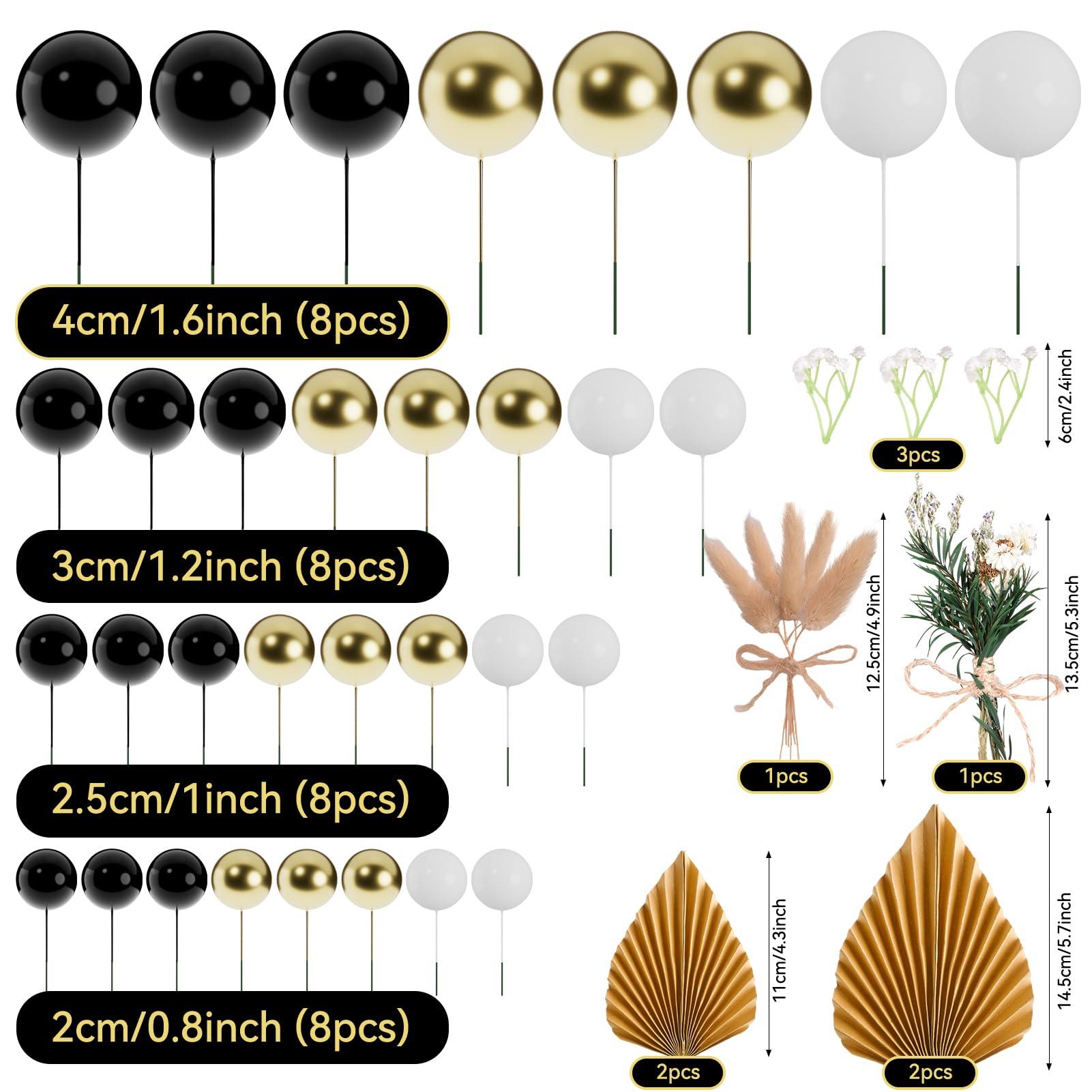 Hoemwarm Hoemwarm 41 PCS Black Ball Cake Toppers Ball Cake Picks Boho Gold Palm Leaves Cake Decor Gold Mini Balloon Dried Flower Topper Pearl Ball Cake Insert for Baby Shower Birthday Wedding Party(Black)