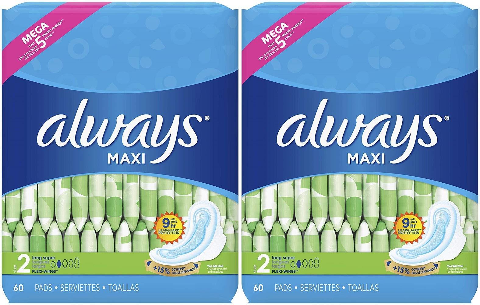 Always Always Maxi Size 2 Long Super Pads with Wings, Unscented, 60 Count (Pack of 2) Total 120 Pads