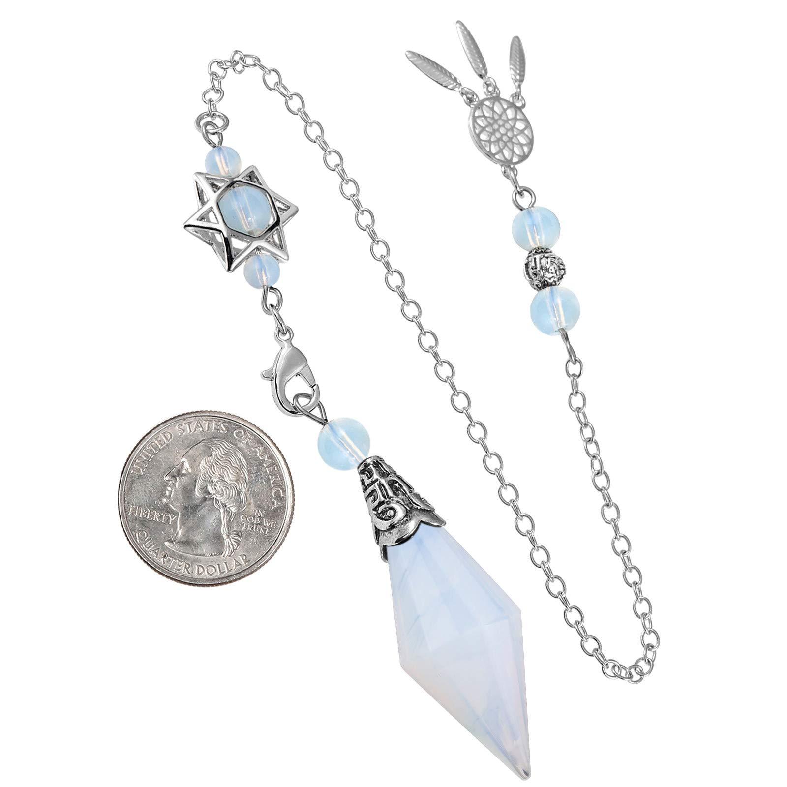 SUNYIK SUNYIK Faceted Healing Crystal Point Pendulum for Divination Pointed Quartz Stone Pendant with Merkaba Star and Dream Catcher, Opalite