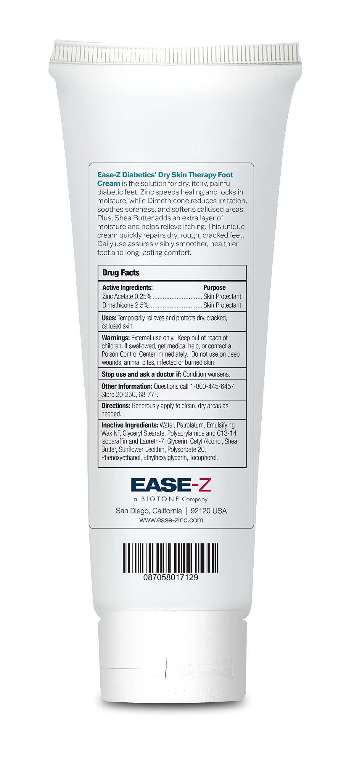 Ease-Z EASE-Z Diabetic Foot Cream. Clinically Proven Ingredients and ZINC Relieve Dry, Cracked, Callused Feet and Hands. Soothes Pain and Burning. Shea Butter moisturizes. Fast-Acting, Long-Lasting. 4.4 oz.