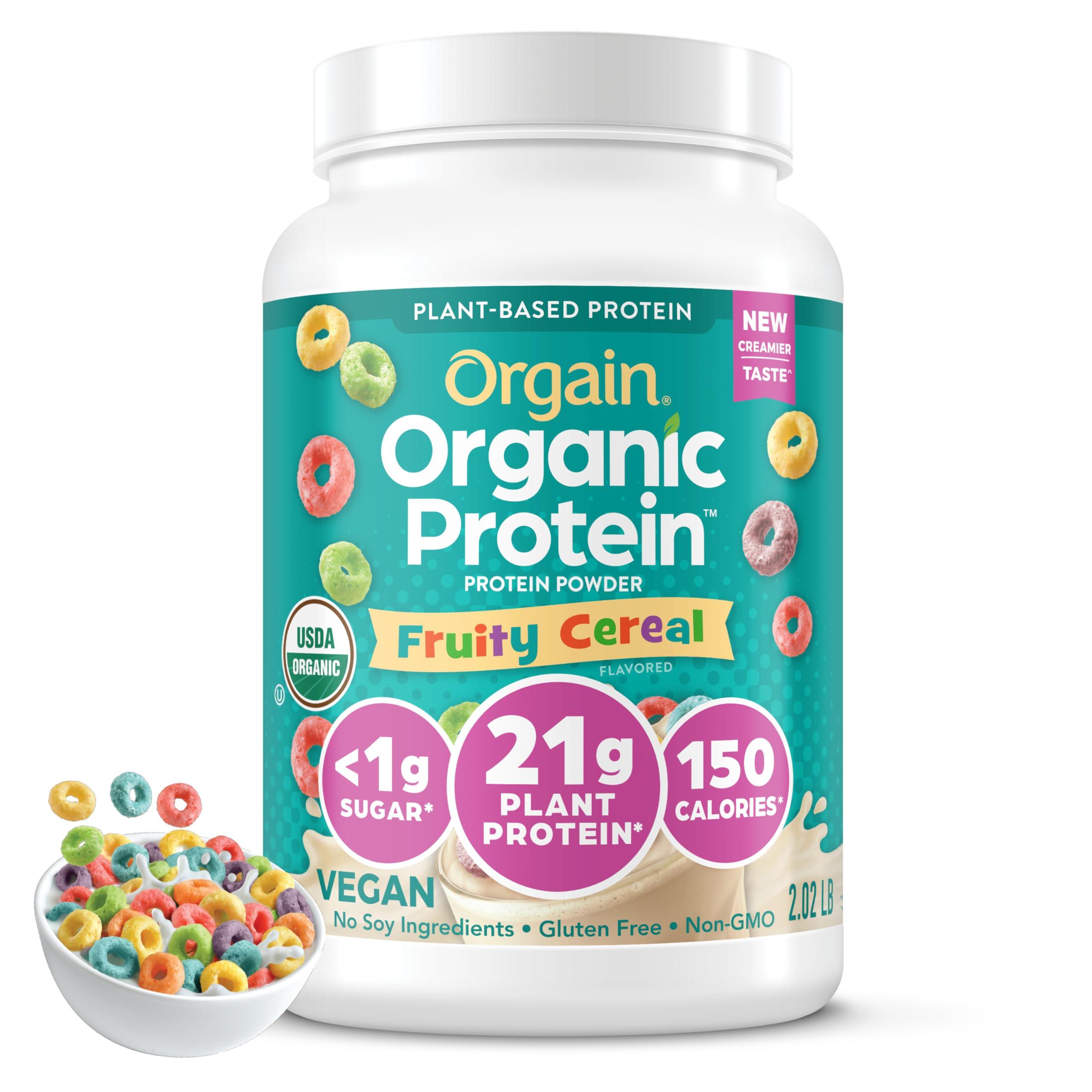 Orgain Orgain Organic Vegan Protein Powder, Fruity Cereal - 21g Plant Based Protein, 8g Prebiotic Fiber, Low Net Carb, No Lactose Ingredients, No Added Sugar, Non-GMO, For Shakes & Smoothies, 2.03 lb