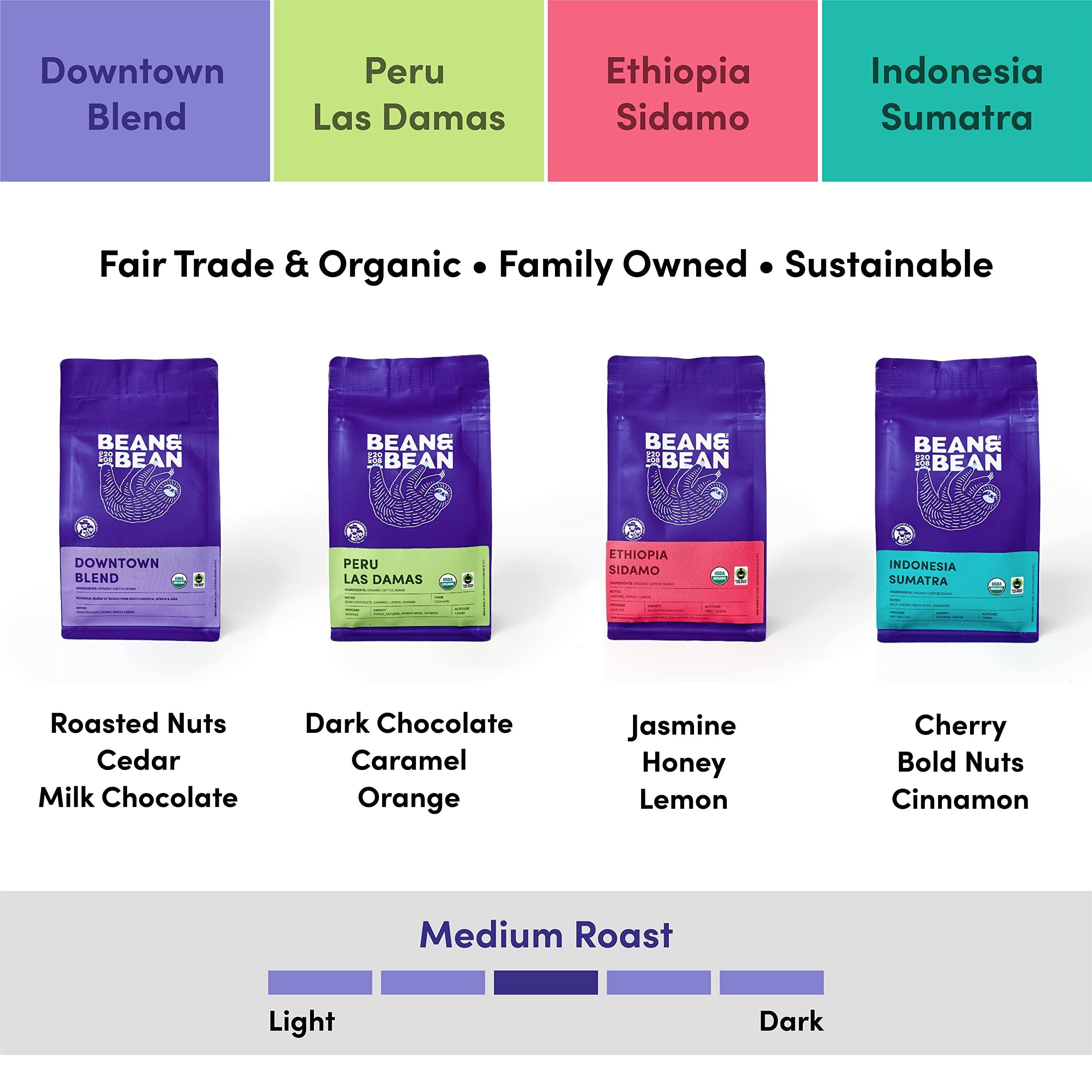 DAILY ROASTED BEAN&BEAN ORGANIC COFFEE Bean & Bean Around the World Coffee & Chocolate Gift Set 4 x 1.8oz Coffee Samplers Paired with Belgian Chocolates - Organic & Fair Trade - Includes Single Origin Coffee - Medium Roast, Whole Bean