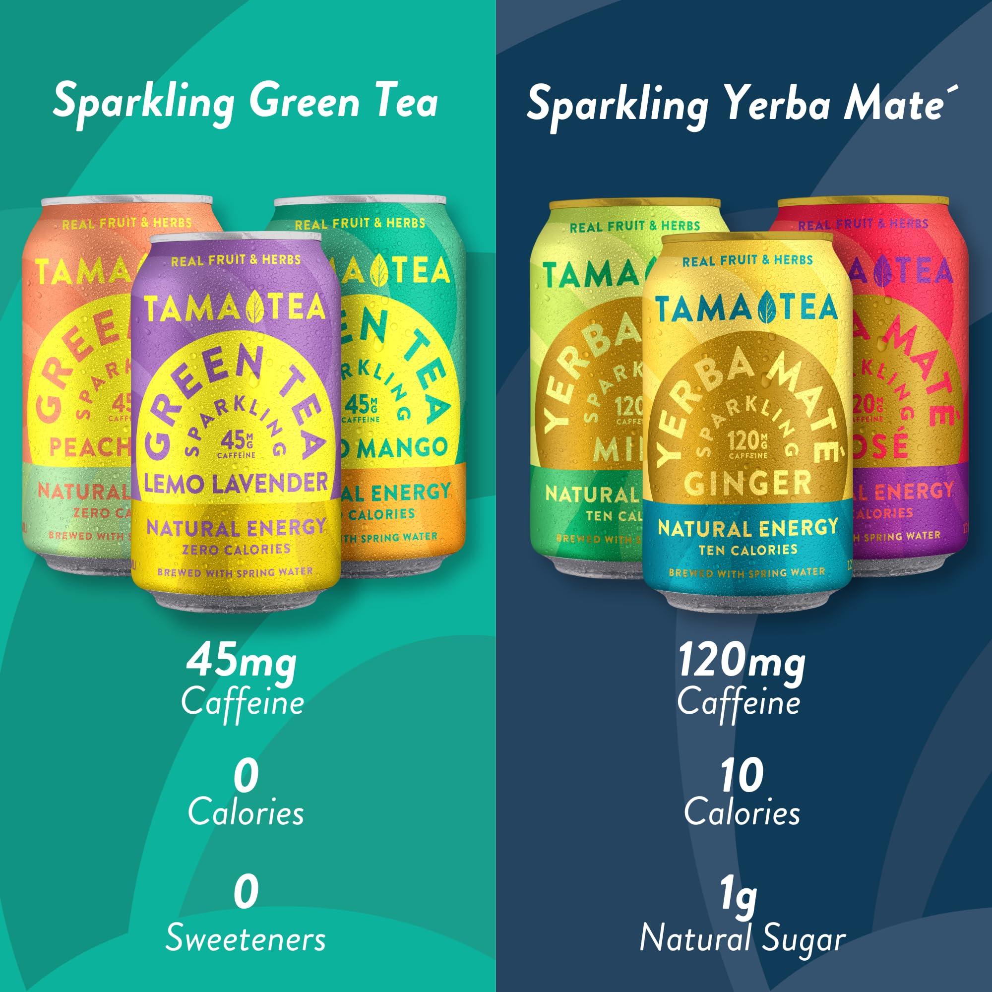 Tama Tea Sparkling Mint Yerba Mate by Tama Tea - Unsweetened Natural Energy Drink with Real Fruit & Herbs - Healthy Caffeine Drink Alternative - 120mg of Brain-Boosting Caffeine, 10 Calories - 12oz Pack of 12