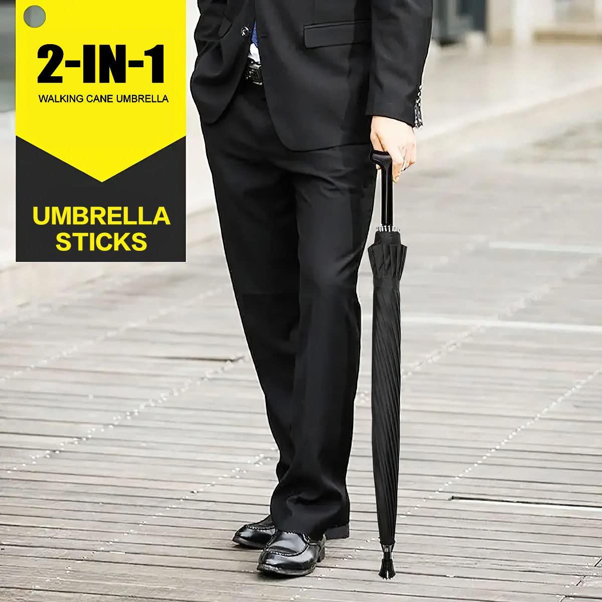 Wrzbest 2-in-1 Walking Sticks Umbrella - Windbreak Ribs Walking Cane Umbrella Lightweight, Windproof, Heavy-Duty Frame- Ideal Father's Gift for Climbing, Hiking, Hanging Out on Raining