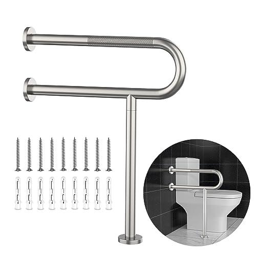 YuanDe Toilet Grab Bar 23.4 Inch, YuanDe Wall to Floor Brushed Nickel Bathroom Safety Bar w/Anti-Slip Knurled Grip, Stainless Steel Handicap Grab Bar with Leg,Support Bar for Disabled Elderly Pregnant