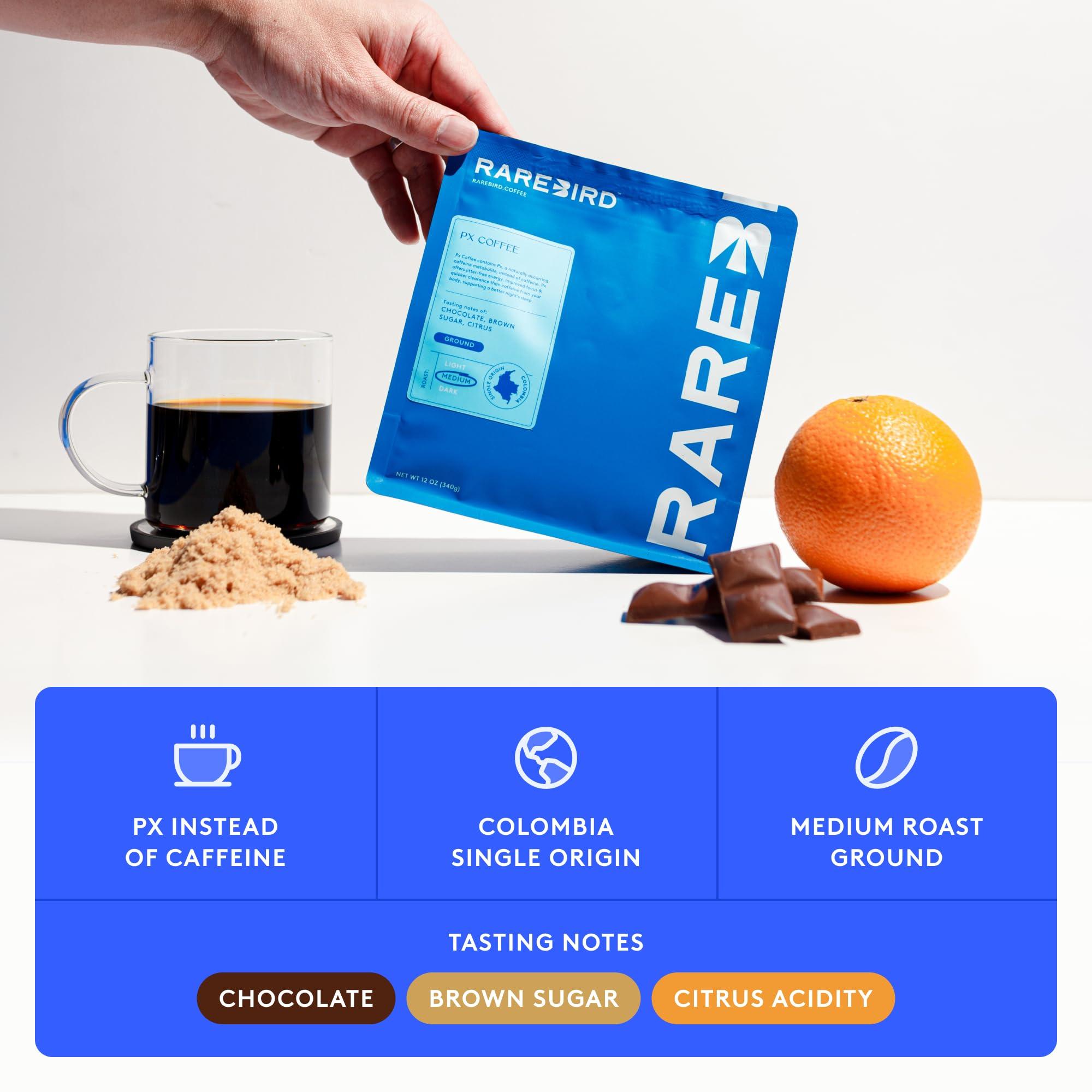 Rarebird Rarebird Award-Winning Px Coffee - 12 oz - Healthy Fresh Medium Roast, Ground Colombian Low Acidic Coffee - No caffeine, Mold Free, Jitter-Free, Caffeine Replacement, Mycotoxin free, Nootropic Coffee