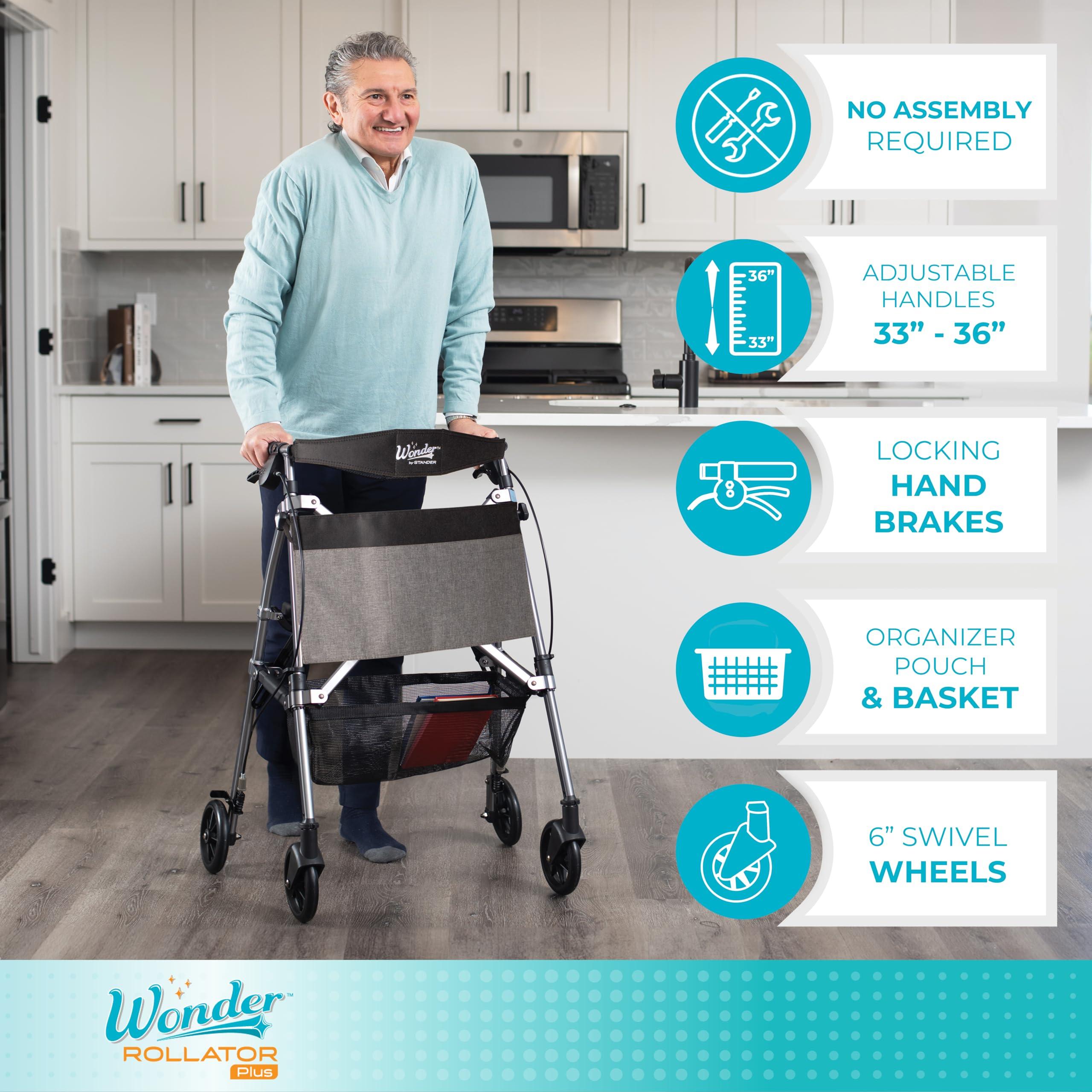 Stander Stander Wonder Rollator Plus, Lightweight Folding Mobility Rolling-Walker, EZ Fold-N-Go-Rollator for Seniors and Adults, 6-inch Wheels, Locking Brakes and Padded Seat with Backrest, Vivid White