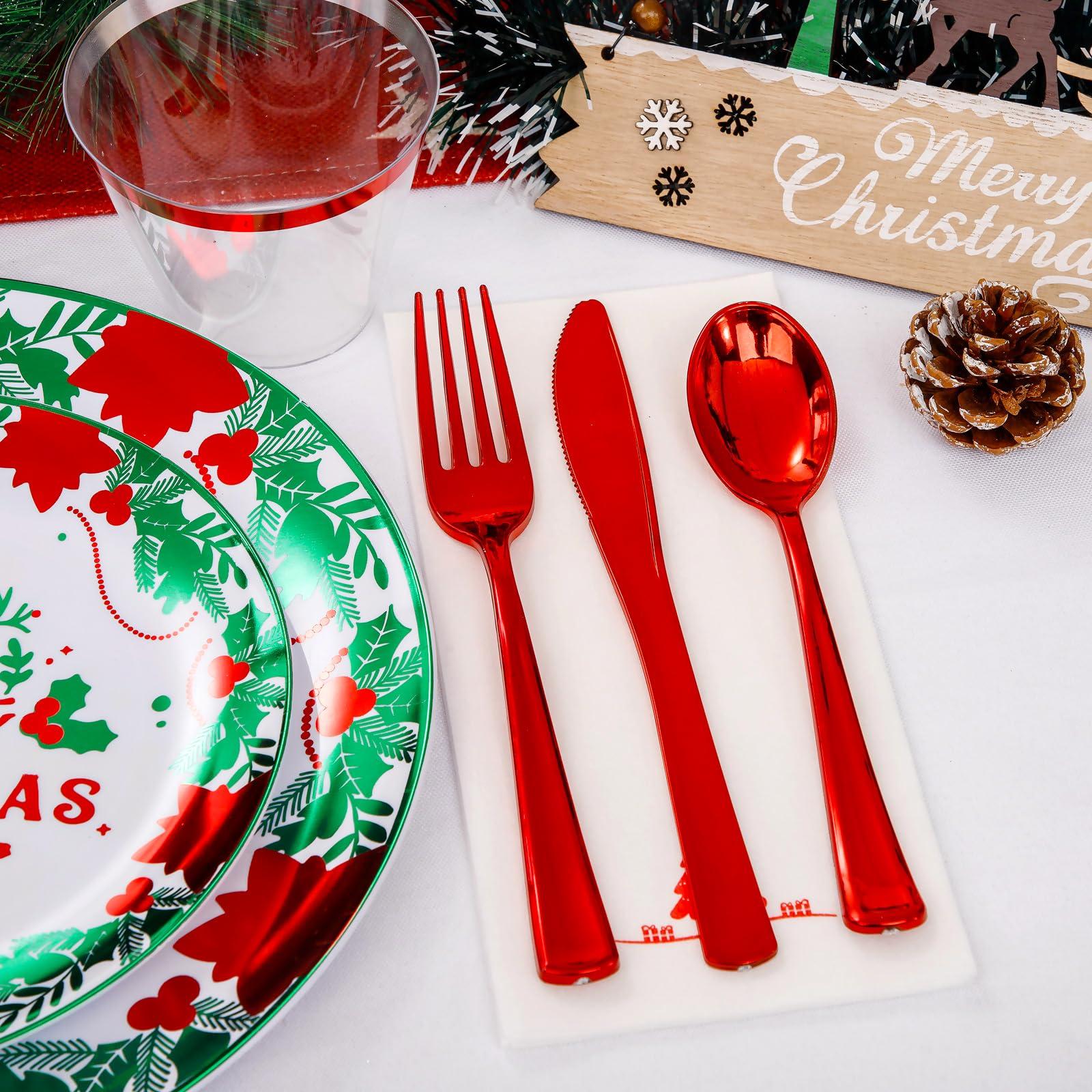 Liacere 175PCS Christmas plastic plates-White and Green Plates&Christmas Party Plates include 50 Christmas Plates 25 Cups 75 Plastic cutlery 25 Christmas Tree Napkins for Christmas