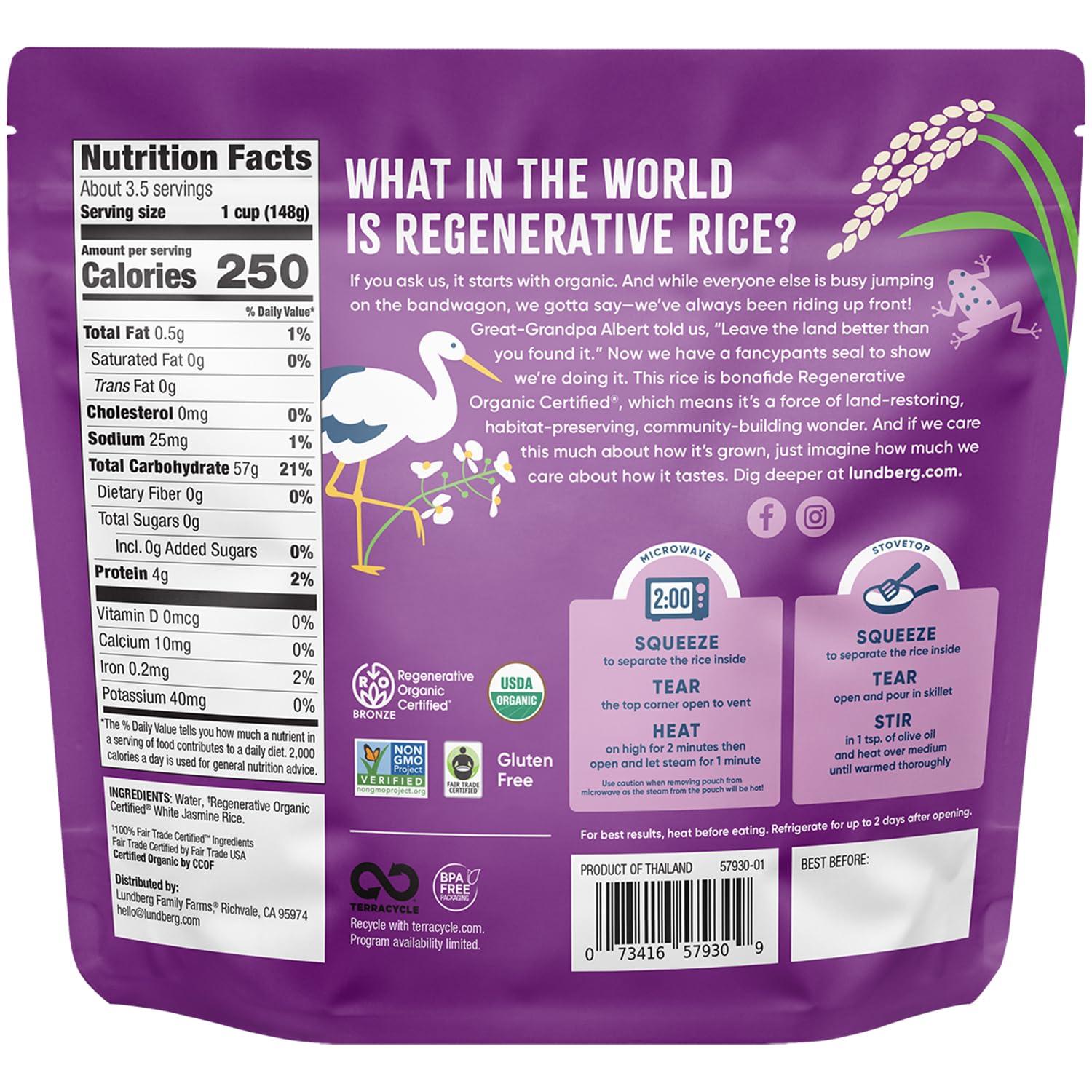 Lundberg Lundberg Jasmine Rice, Ready in 2 Minutes Regenerative Organic Certified Long Grain White Rice, Microwavable, Fluffy, Non-Sticky, Aromatic Thai Rice, Value Size, 17.3 Oz (Pack of 6)