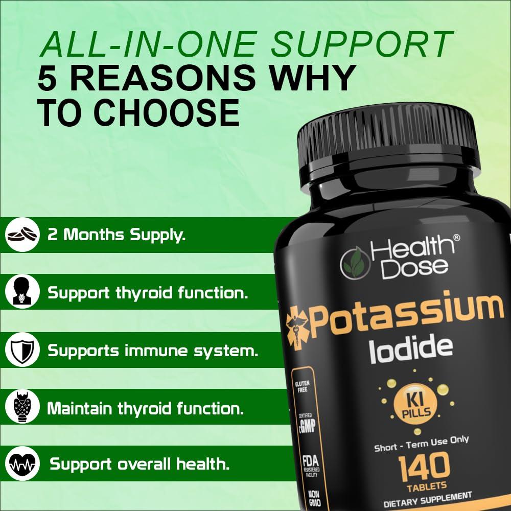 Health Dose Health Dose Potassium + Iodide (KI) Tablets 130mg 140 Tablets for Thyroid Support, Cellular Metabolism & Electrolyte Balance Non-GMO, Gluten-Free, GMP Certified, Pack of 2