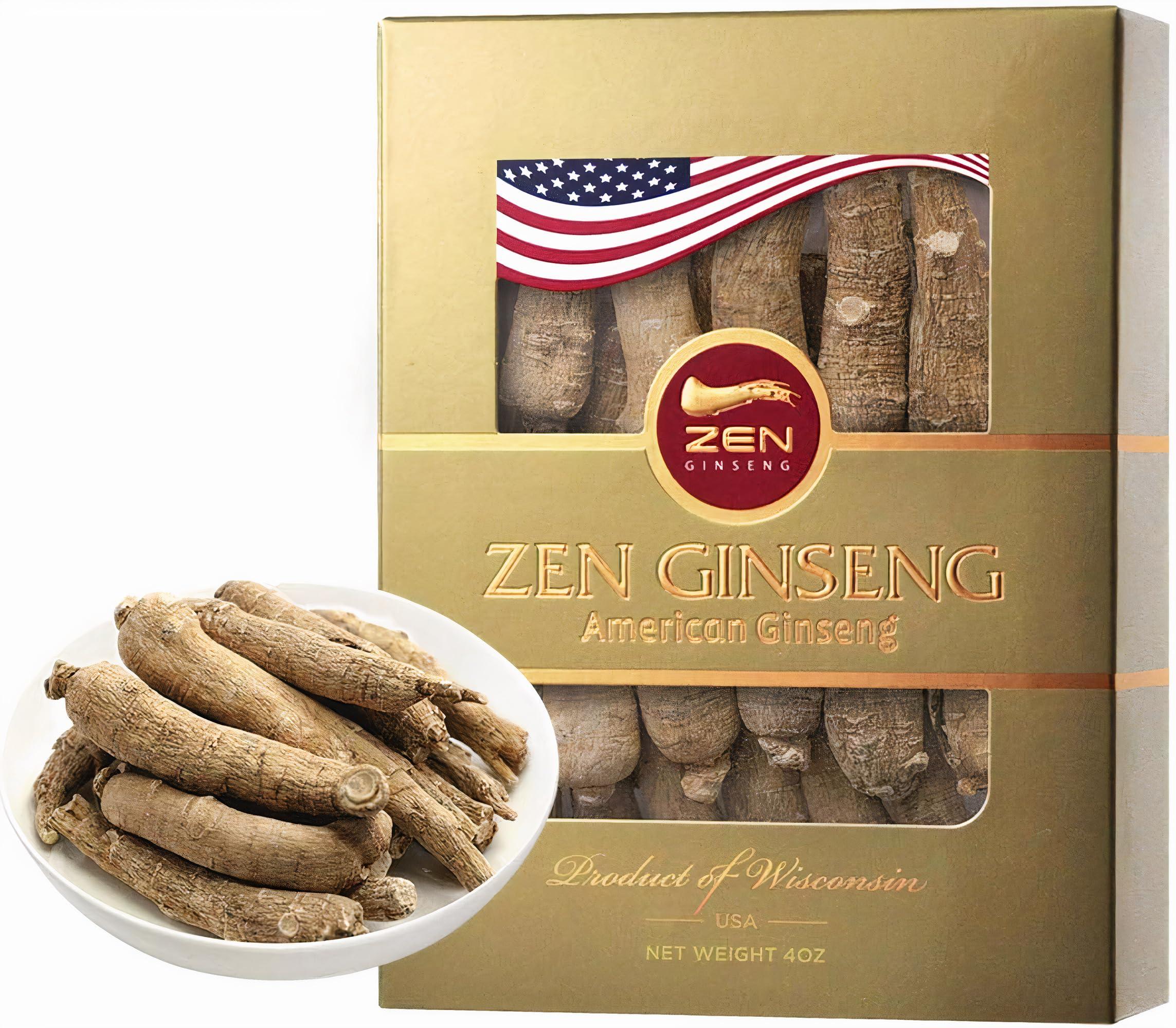 Zen Ginseng 1 Box of American Wisconsin Ginseng Super Long Jumbo Root (4oz) Performance & Mental Health for Men & Women
