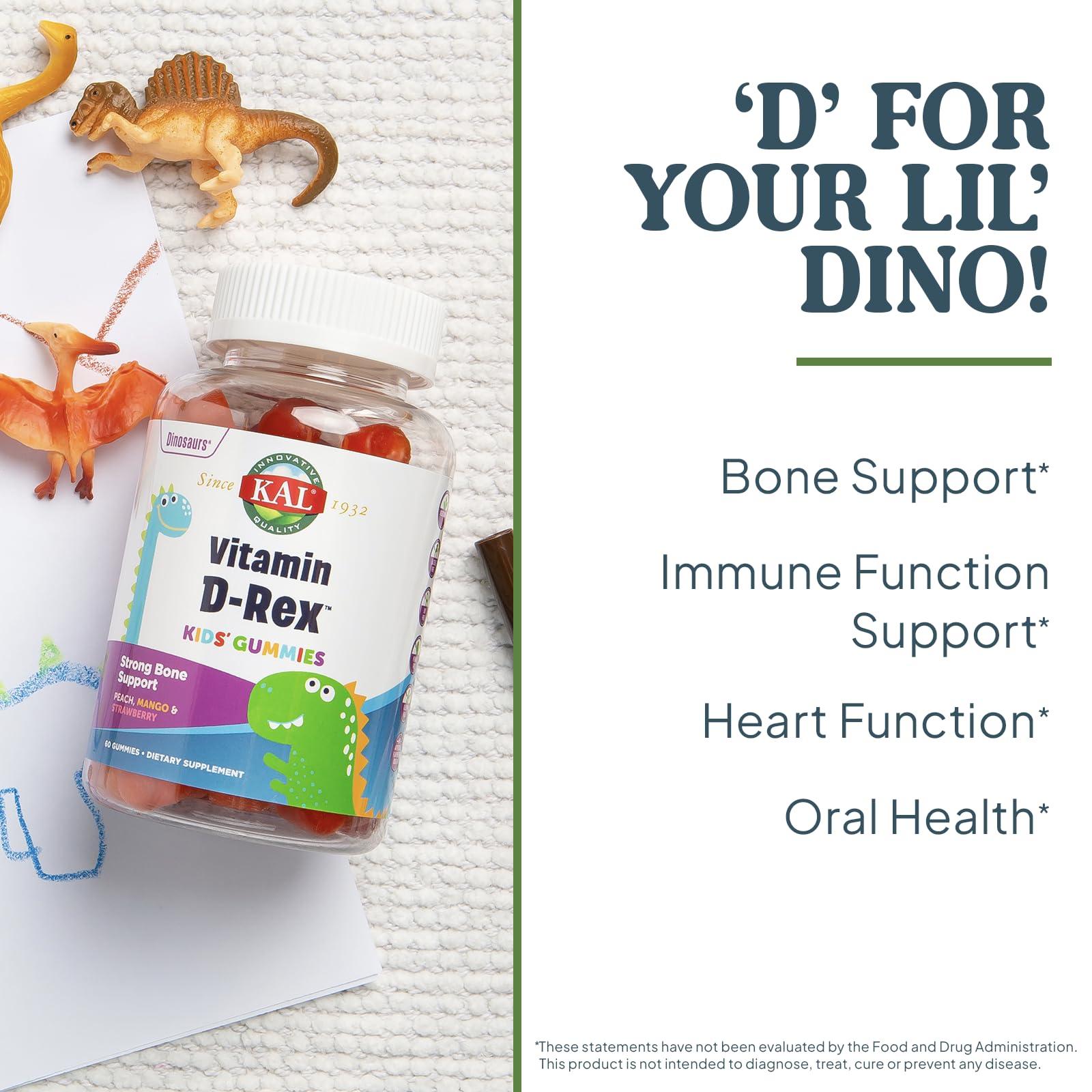 KAL KAL Vitamin D-Rex - Vitamin D Gummies for Kids - Kids Vitamin D3 - Peach, Mango, and Strawberry Flavors - Immune, Heart, Bone & Oral Support - Vegetarian, Gluten Free - 60 Servings, 60 Gummies