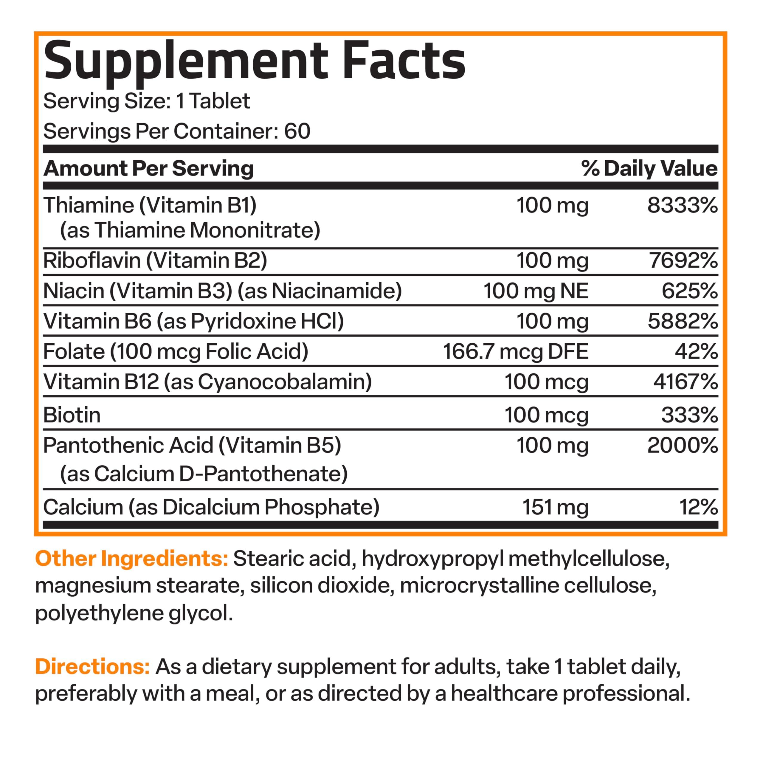 Bronson Bronson Vitamin B 100 Complex High Potency Sustained Release (Vitamin B1, B2, B3, B6, B9 - Folic Acid, B12), 60 Tablets