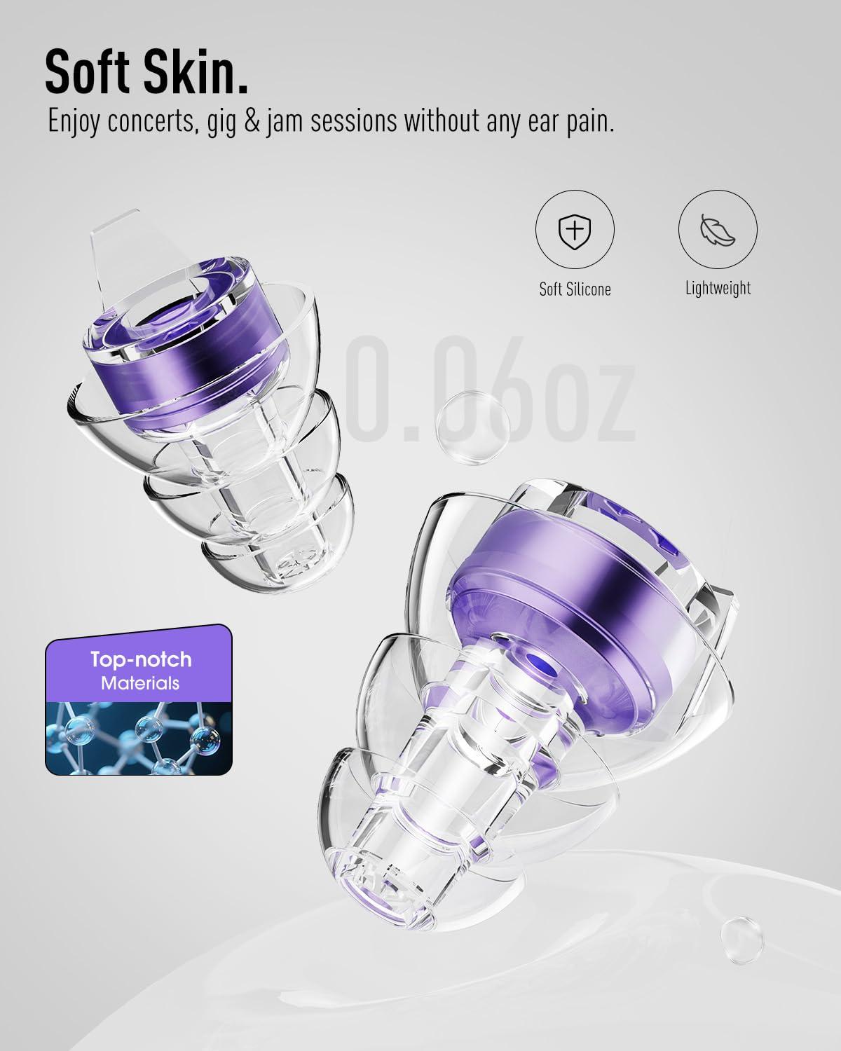 Hearprotek Hearprotek High Fidelity Concert Ear Plugs, 2 Pairs Noise Reduction Music Earplugs, Hearing Protection for Musicians, Festival, DJs, Nightclub, Concerts, Drummers, Party 23dB (Purple)