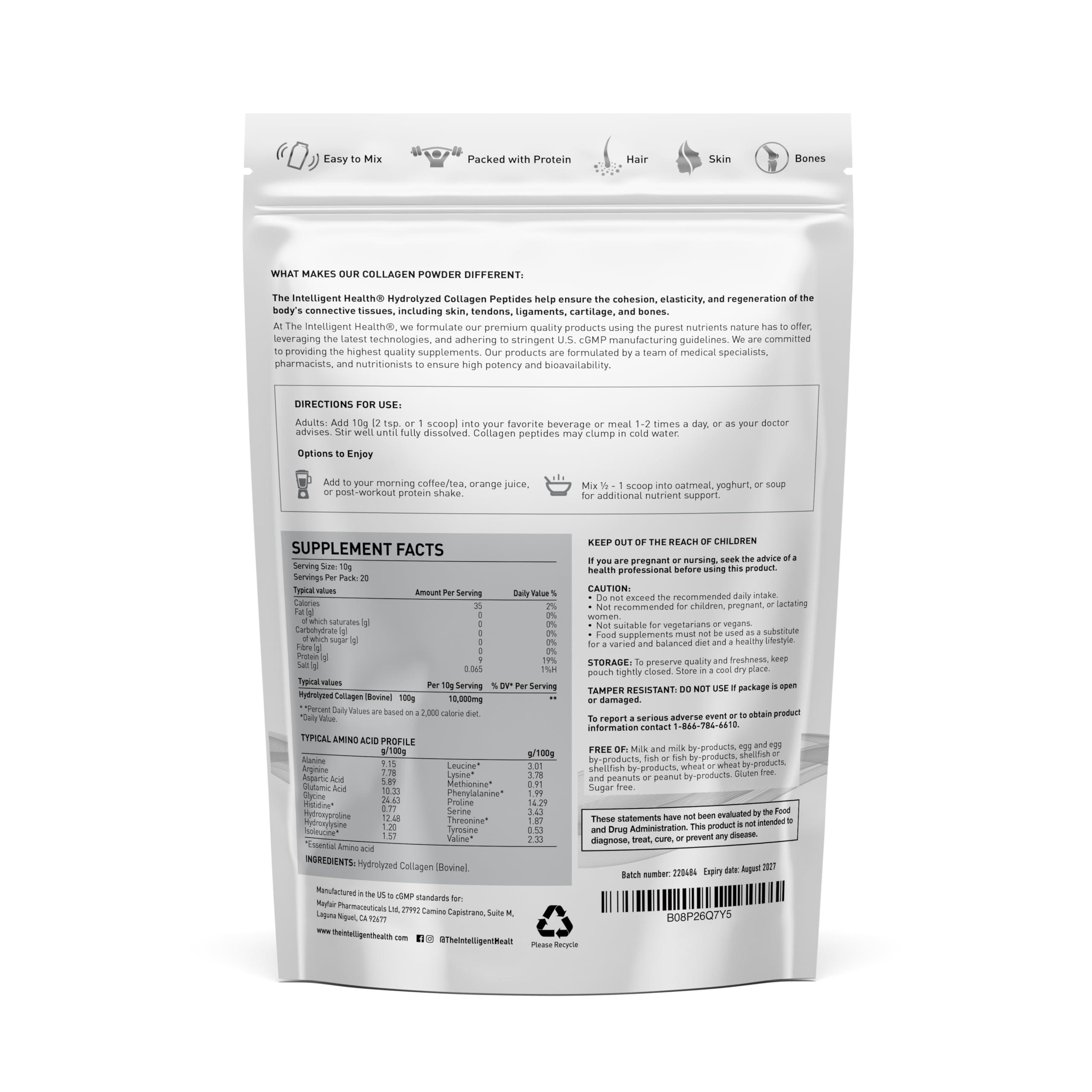 The Intelligent Health The Intelligent Health Hydrolyzed Collagen Peptides Powder, Grass Fed, High Protein, Unflavored, Gluten-Free, Paleo & Keto Friendly, 10g per Serving (200g) Supports Skin, Hair, Nails, Joints, & Bones