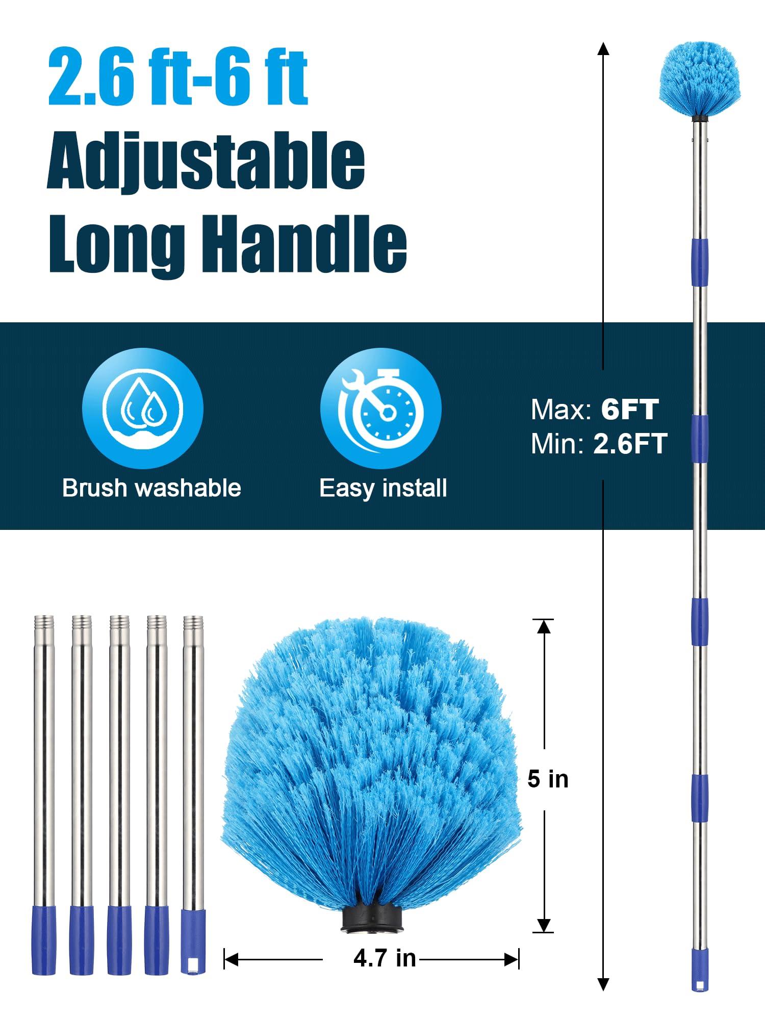 YOHSUGO Cobweb Duster with Extension Pole, Outdoor Spider Web Brush with 6 ft Long Handle, Metal Cob Web Remover for High Ceilings Fans Indoor Cleaning, Medium-Stiff Bristles Dust Brush, Lightweight Cleaner