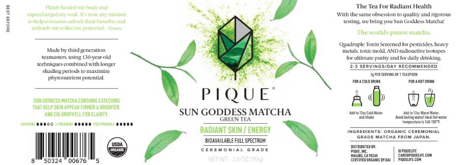PIQUE Pique Organic Sun Goddess Matcha Tin - Ceremonial Grade Matcha Green Tea Powder, Supports Radiant Skin, Calm Energy (2.5 ounce)