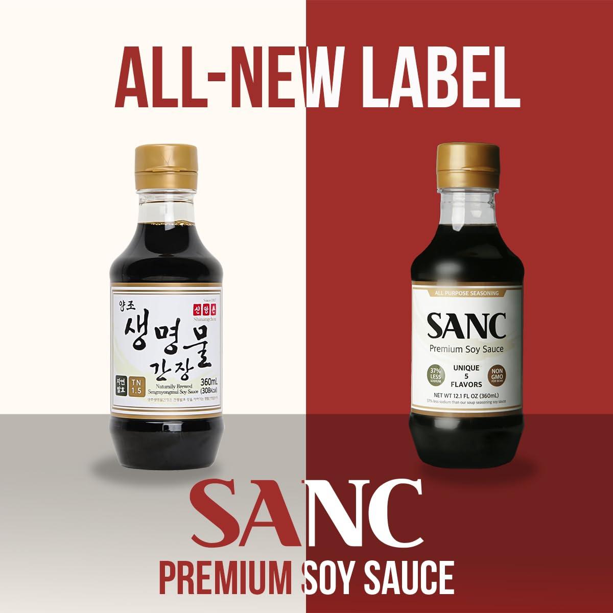 Shinangchon SANC All Purpose Korean Soy Sauce, 12.2 Fl Oz (Pack of 3) A Must-Have for Every Pantry, Low-Sodium Salt Substitute, NON-GMO Bean, No Artificial Additives, Naturally Brewed with Music Fermentation