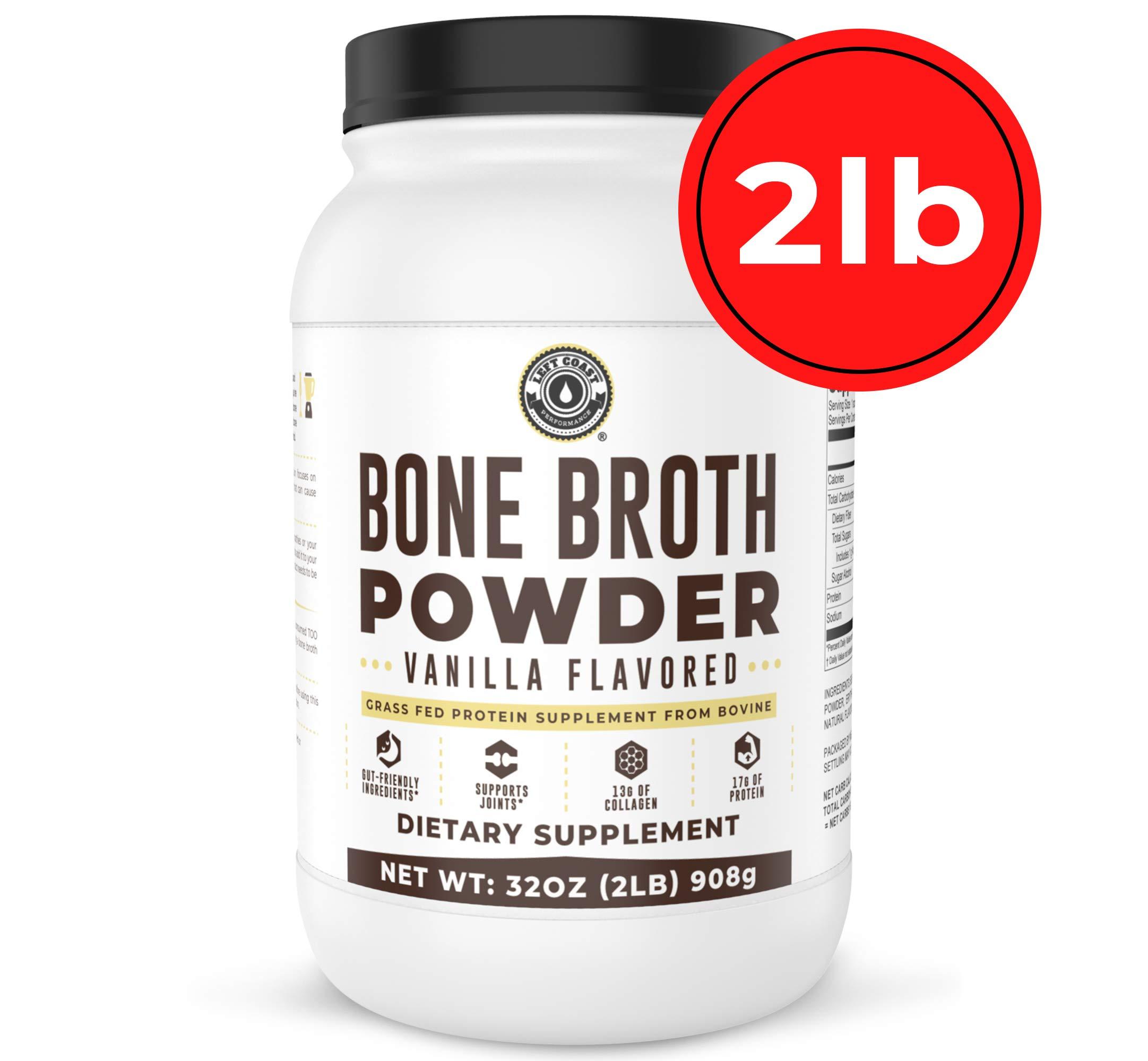 Left Coast Performance 32oz Vanilla Bone Broth Protein Powder From Grass Fed Beef - Non-GMO Ingredients, Gut-Friendly, Low Carb Dairy Free Protein Powder - Natural Collagen Source For Joint Support - Keto Friendly
