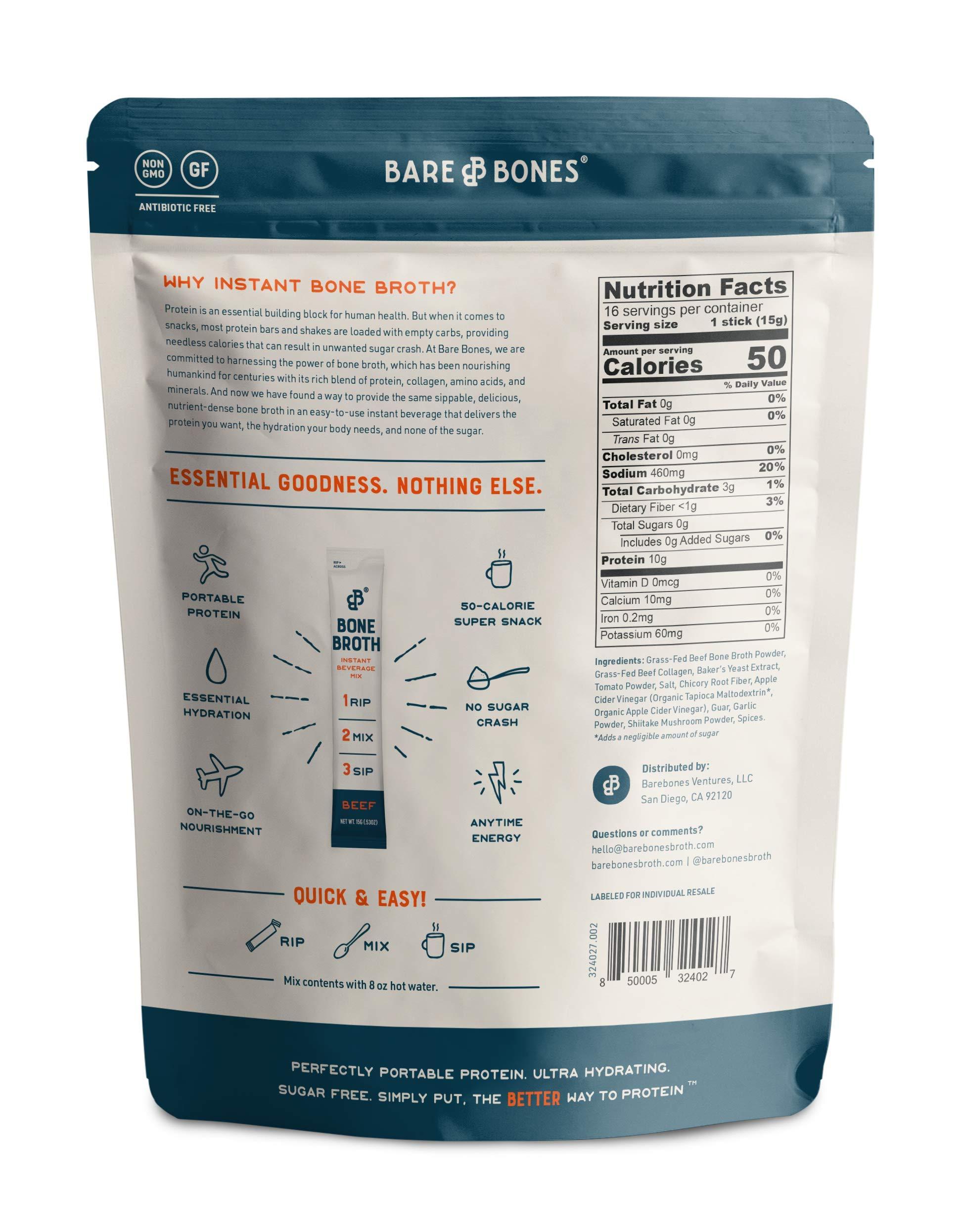 Bare Bones Bare Bones Beef Bone Broth Instant Powdered Mix | Rich Savory Packets on-the-Go No Artificial Flavors | 100% Grass Fed Keto & Paleo Friendly | Sticks 10g Protein | 32 Pack