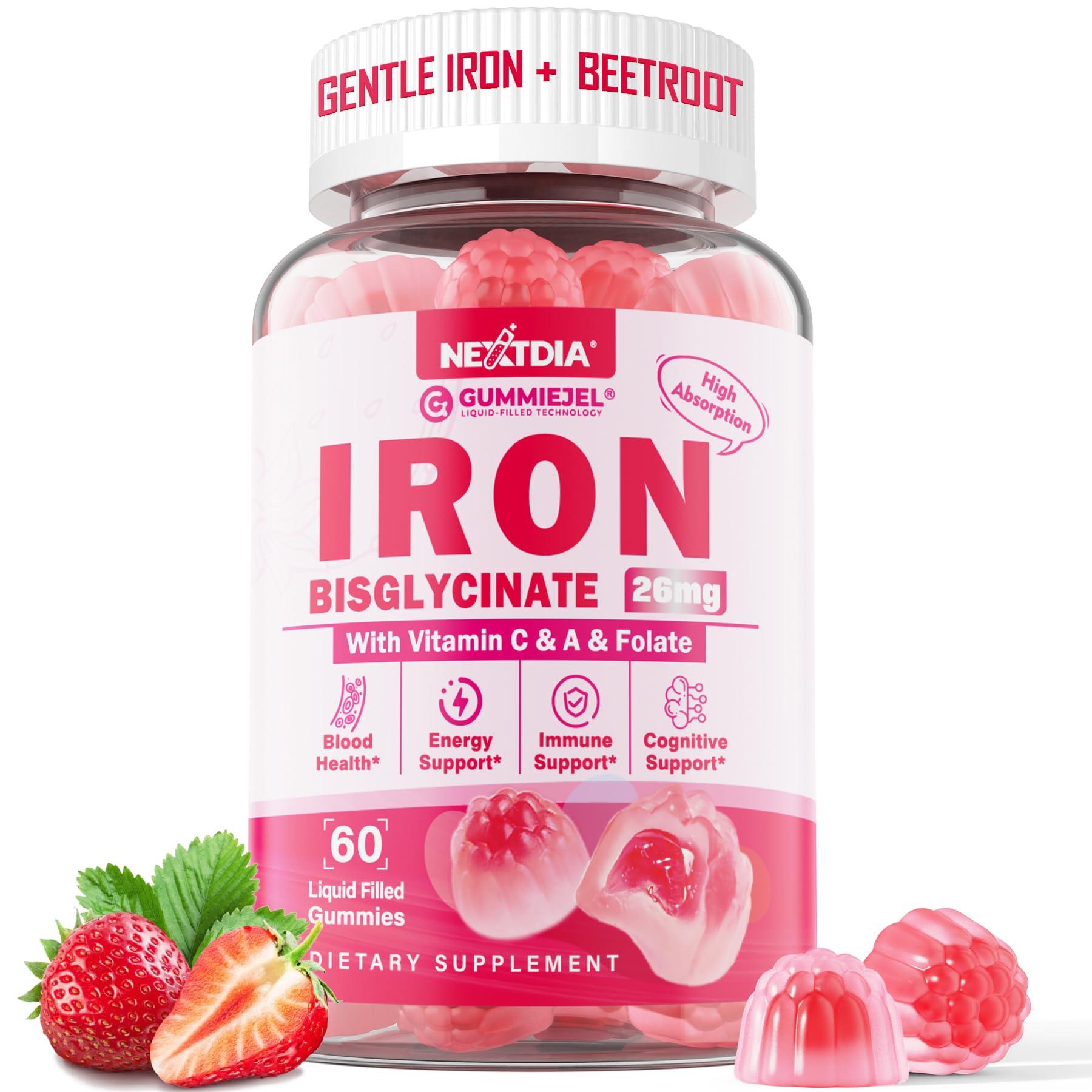 NextDia Iron Bisglycinate 26mg Filled Gummies - Gentle Beet Root Iron Gummy plus Vitamin C, Supplement Iron with B12 & Folate for Women & Men, Iron Deficiency, Immune & Energy Support, Sugar-Free, Vegan,60Cts