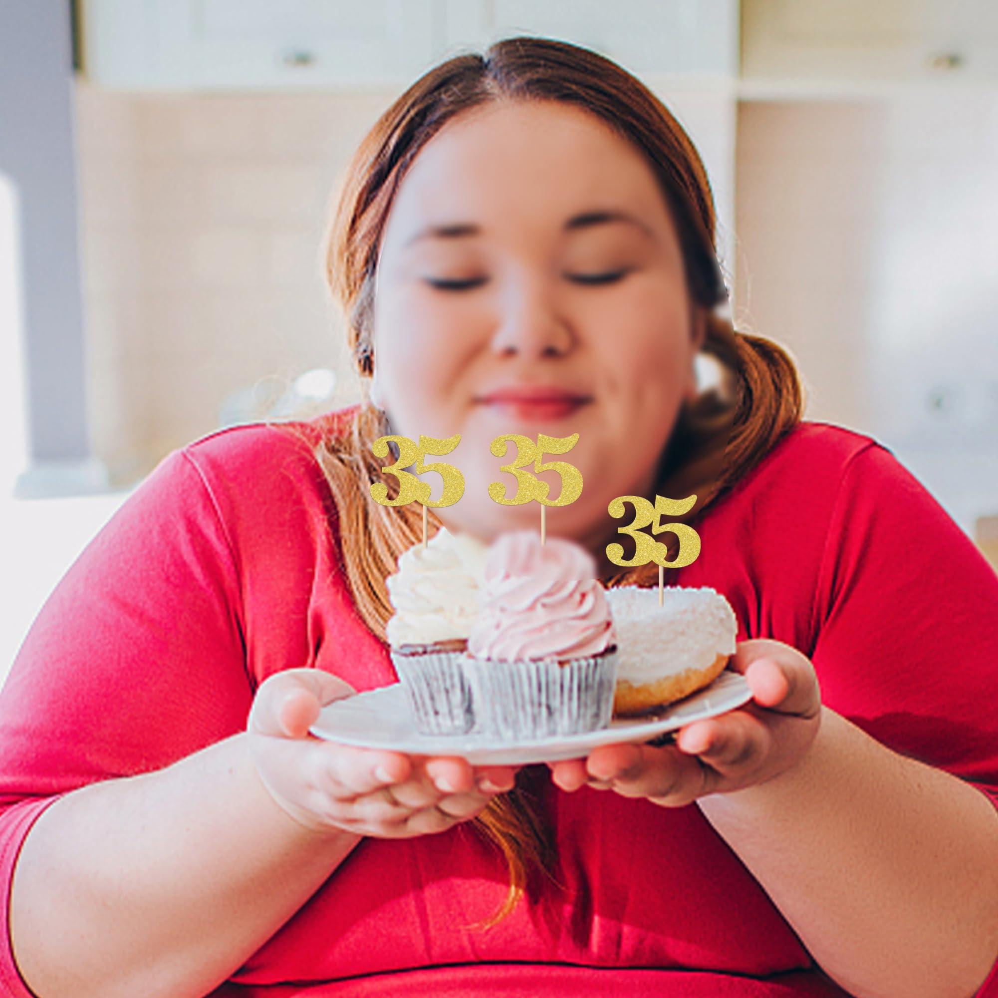 ZHUOWEISM 30 PCS Number 35 Cupcake Toppers Glitter Cheers to 35 years Old Birthday Cupcake Picks 35th Birthday Wedding Anniversary Party Cake Decorations Supplies Gold