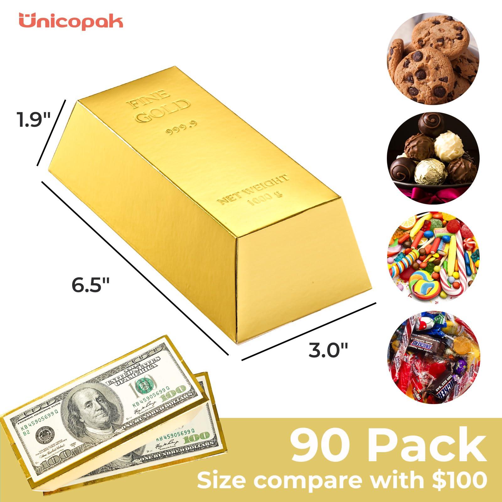 UnicoPak UnicoPak 90 Pack Gold Bar Gift Boxes Party Favors Treasure Hunt Chocolate Coins Candy Treat Boxes for Pirate Casino Golden Birthday Money Gifts Themed Party