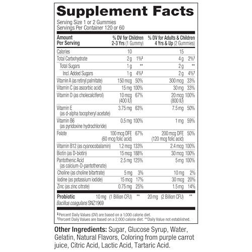 OLLY OLLY Kids Multivitamin & Probiotic Gummy, Digestive Support, Vitamins A, D, C, E, B, Zinc, Chewable Supplement, Berry Flavor, 60 day supply - 120 Count