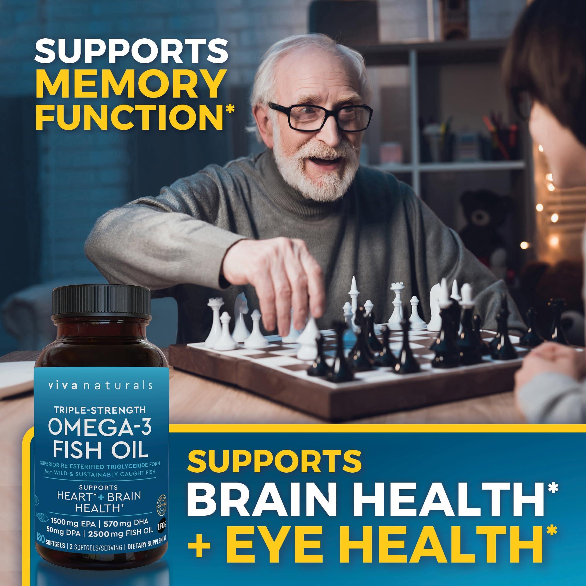 Viva Naturals Triple Strength Omega 3 Fish Oil Supplement for Men and Women 2500 mg High-Potency, Easy-to-Absorb Re-esterified Triglyceride Form, Pescatarian-Friendly DPA EPA DHA Omega 3 Supplement, 180 Softgels