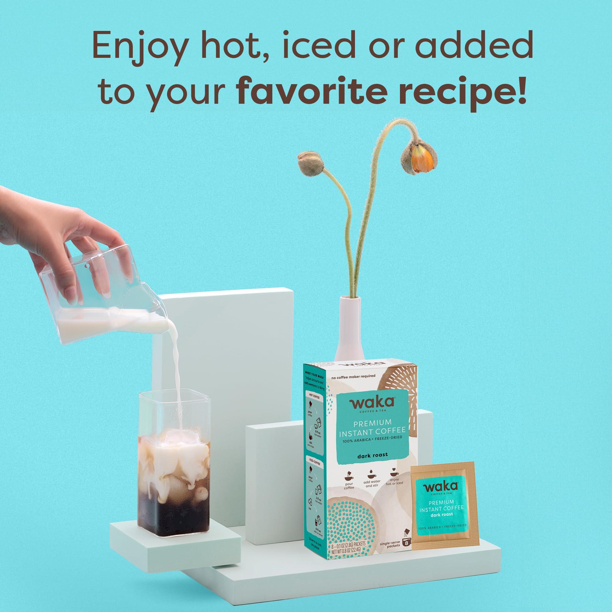 Waka Coffee Waka Instant Coffee, Dark Roast - 100% Arabica Beans, Freeze Dried Granules, No Additives - Single Serve Packets for Quick Hot and Iced Coffees (8 Individual Coffee Packets)